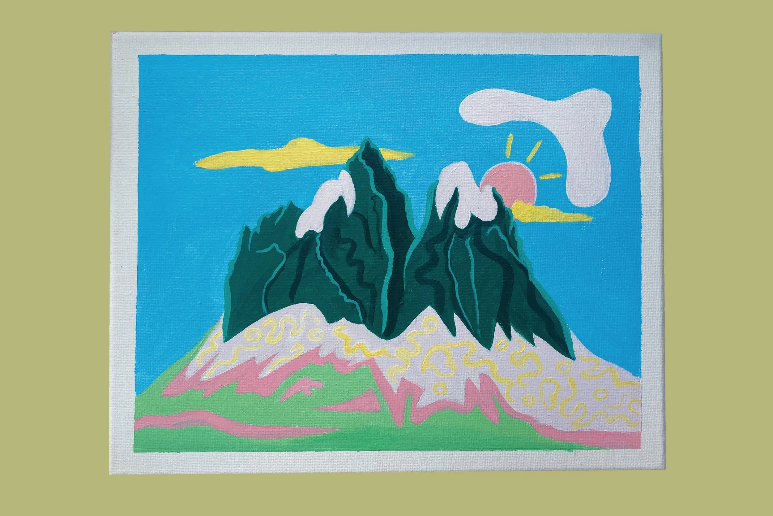 A colorful mountain landscape painting featuring tall dark green mountains, a pink sun in the sky, yellow clouds, and a multicolored foreground with pink, green, and yellow details, on a blue background with a white border.