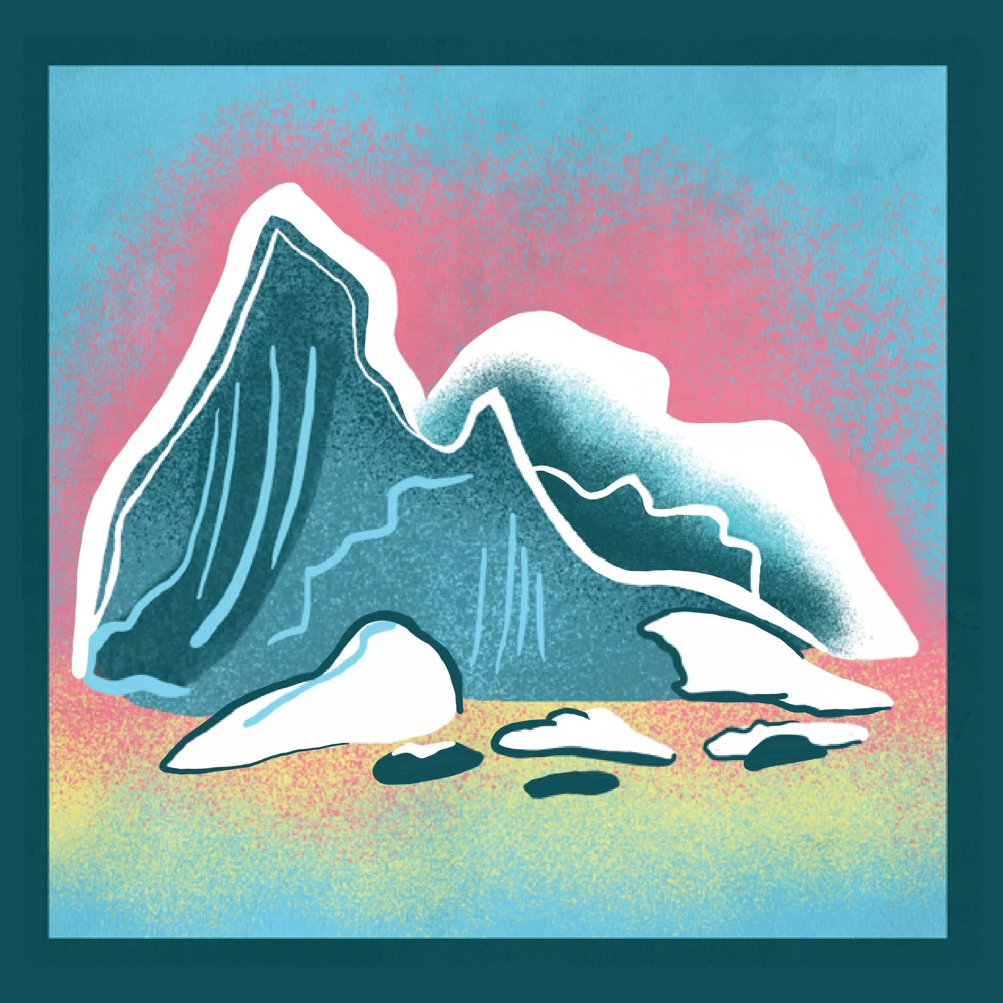 Abstract digital artwork with mountain-like shapes outlined in white, layered in shades of blue and teal, against a pink and pastel yellow gradient background with blue dot pattern