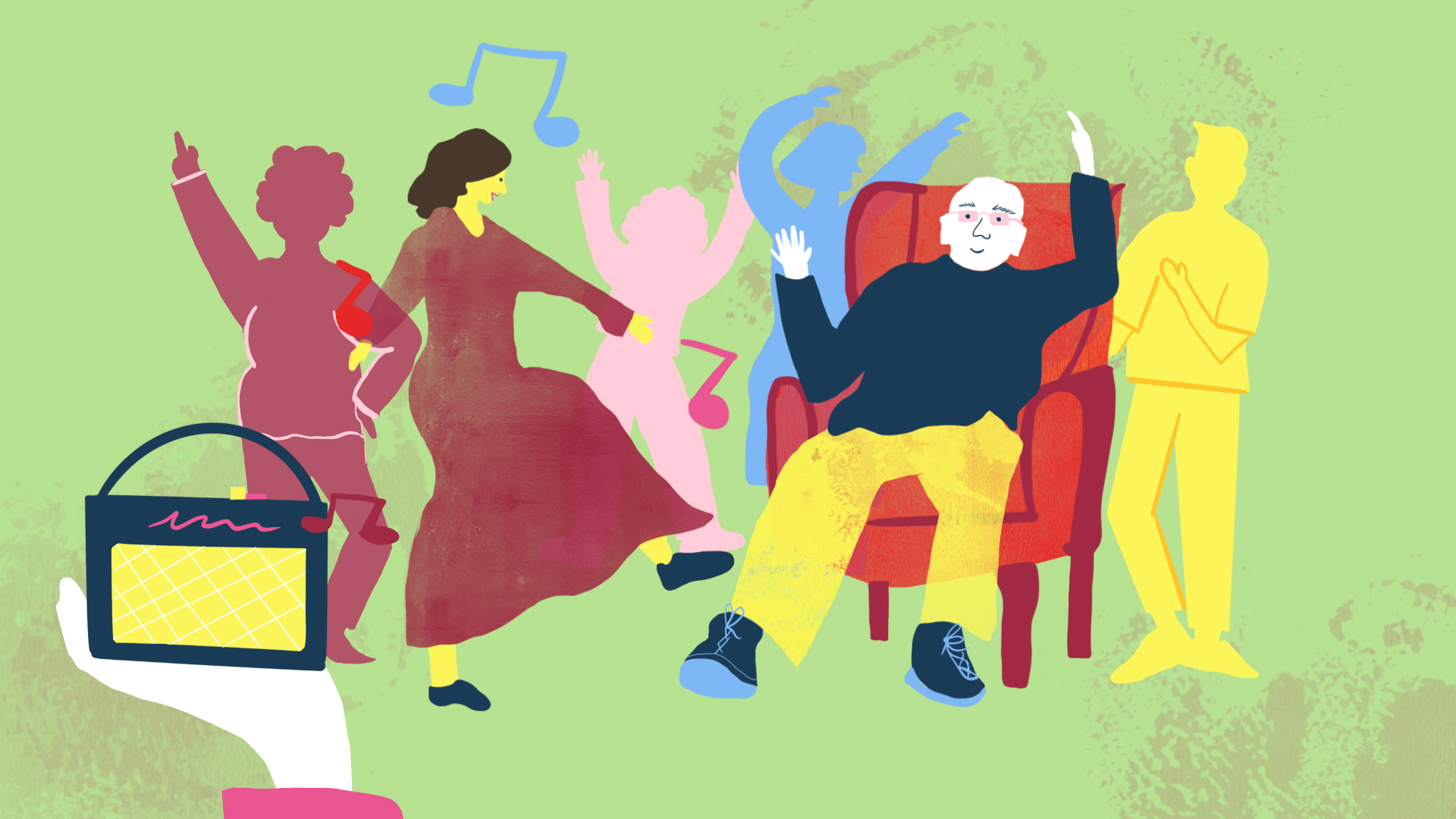 Colorful illustration of elderly people dancing and singing, with a woman sitting in a chair, surrounded by musical notes and cheerful figures, on a green background.