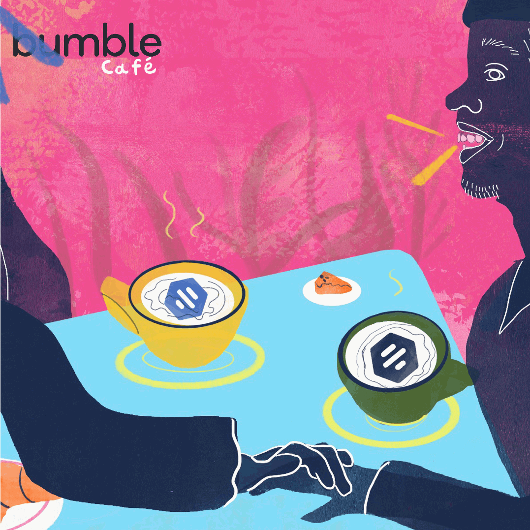 Two people sitting at a table in a cafe, drinking hot beverages, with steam rising from the cups, one yellow and one green. A small plate with a piece of cake is on the table. The cafe's name, 'Bumble Café,' is in the top left corner, with a pink bac