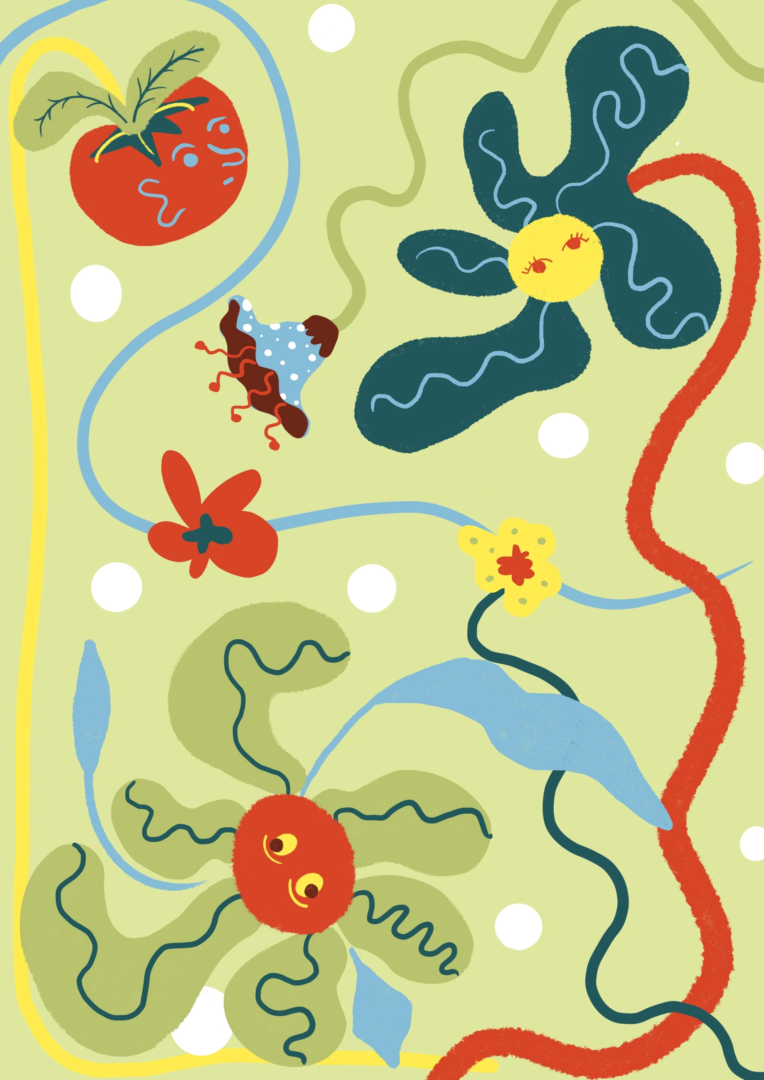 An abstract illustration featuring various colorful shapes and lines on a light green background, resembling stylized flora and fauna.