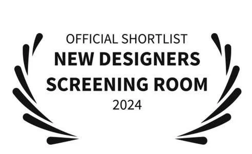 Black and white graphic announcing the 2024 Official Shortlist for the New Designers Screening Room, surrounded by stylized laurel leaves.