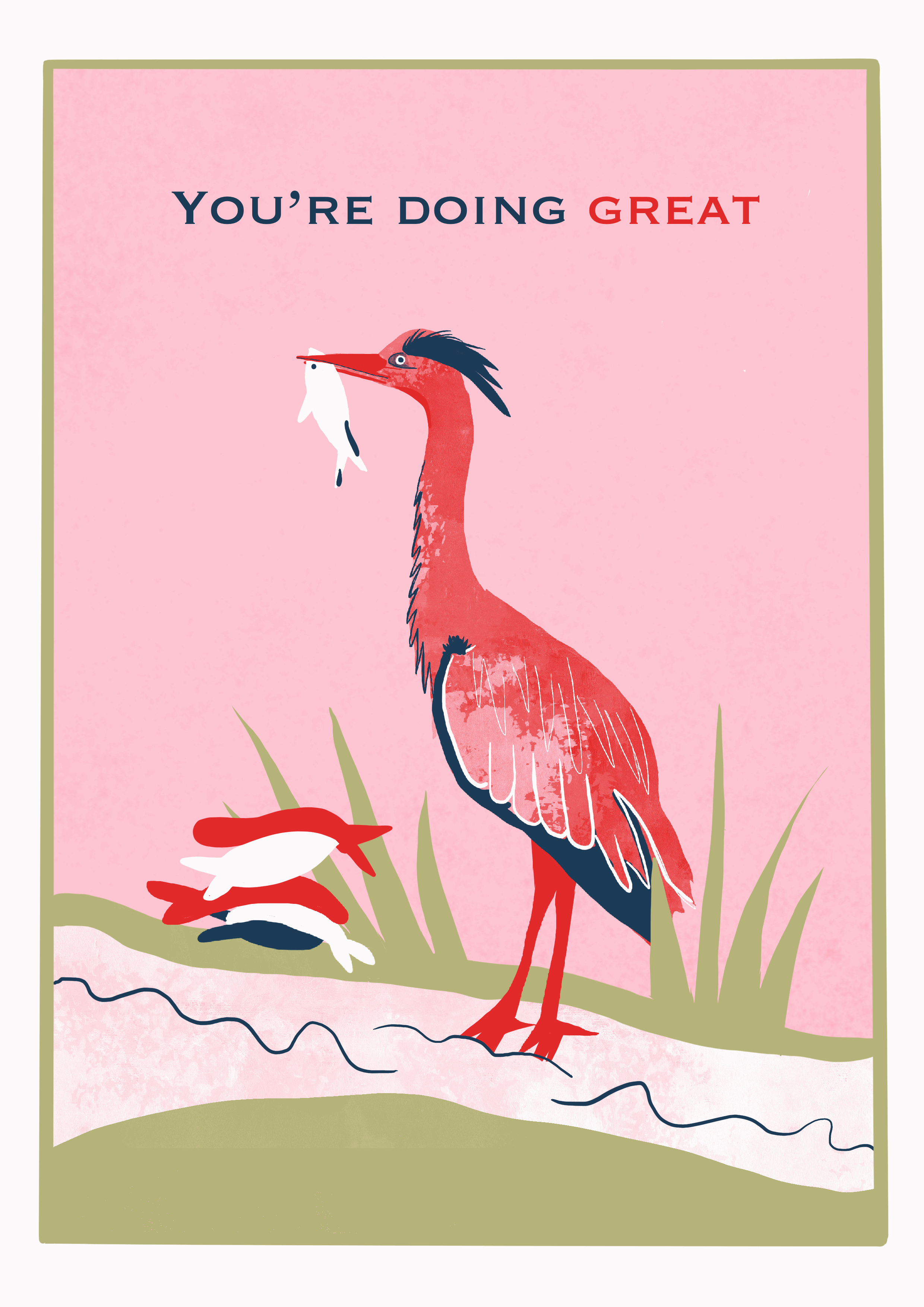 Illustration of a standing pink heron holding a fish in its beak, with three smaller herons nearby on a pink background with green grass and water.