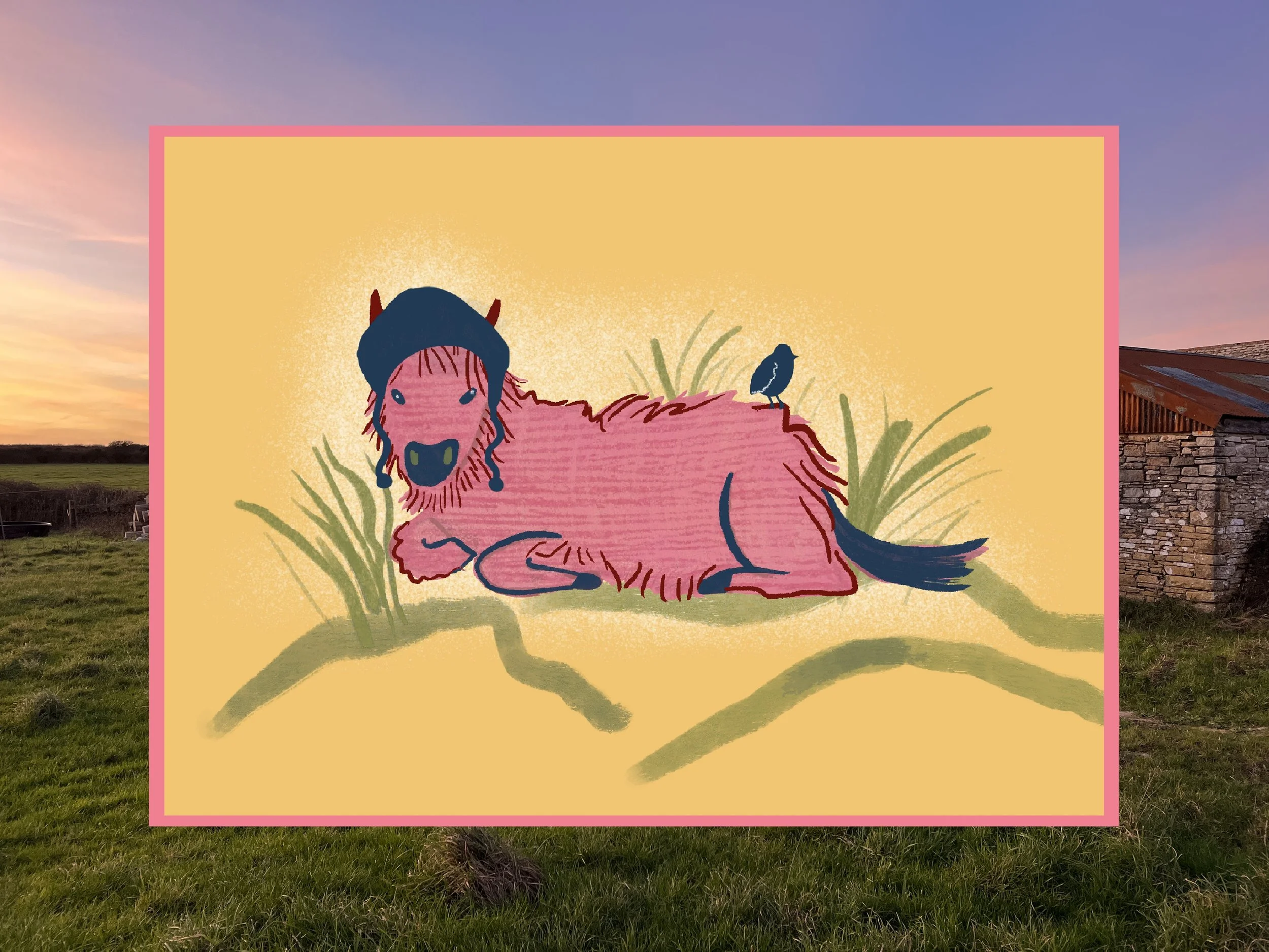 Illustration of a pink and blue animal, possibly a hyena, resting with a bird on its back, set against a yellow background with green grass and plants.