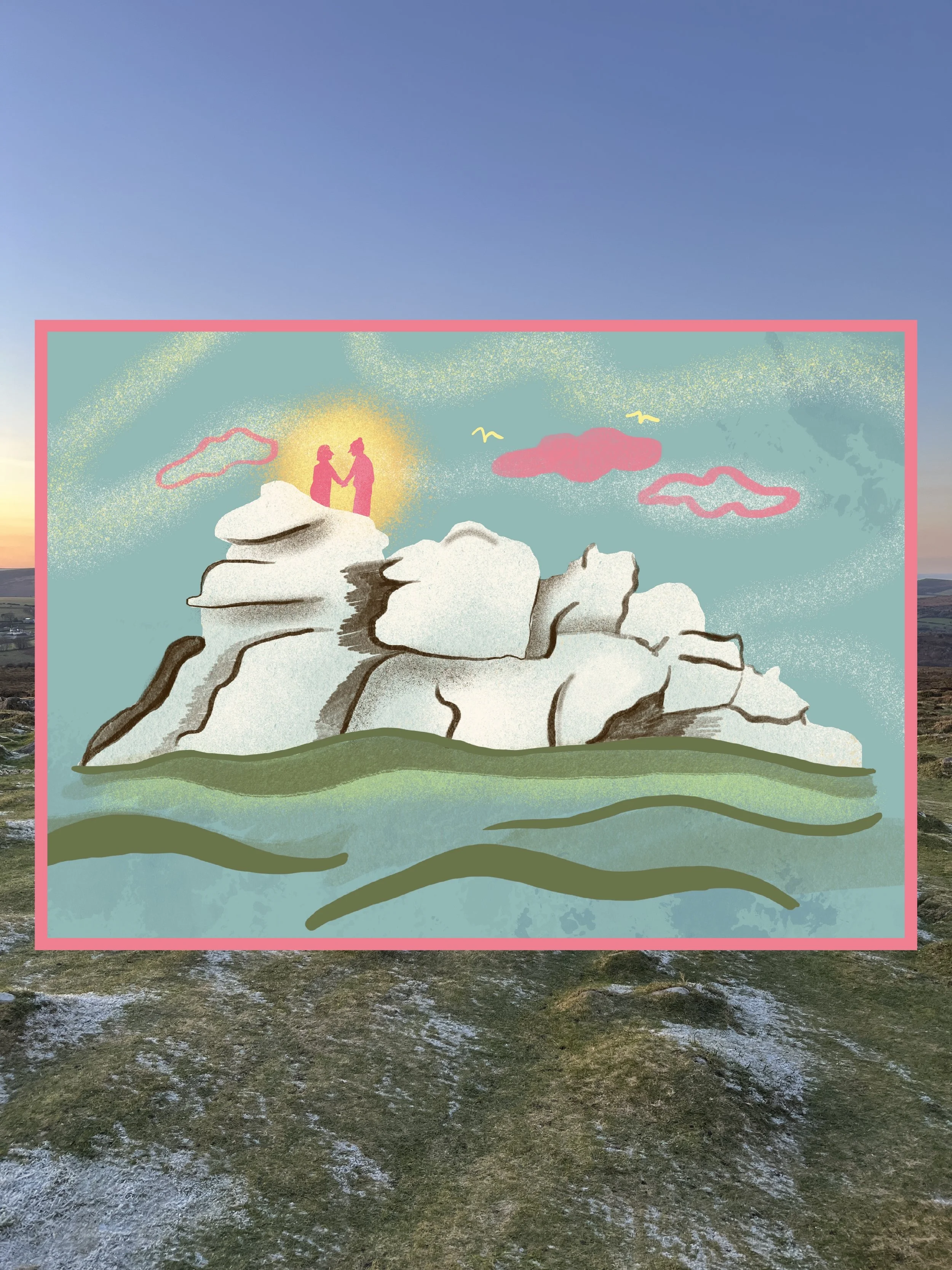 Illustration of two people holding hands on a rocky hill with a yellow sunset behind them, pink clouds, and birds in the sky.