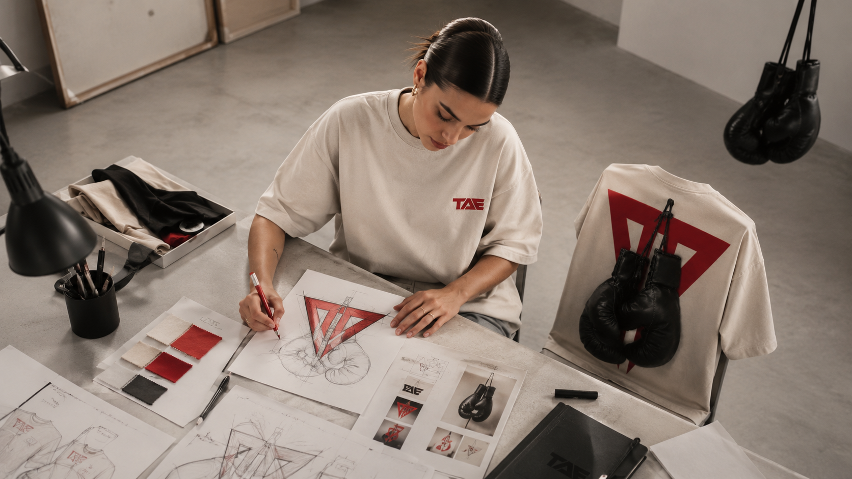 A woman working on fashion design sketches at a table, with TAE logo t-shirts and boxing gloves nearby, in a modern studio.