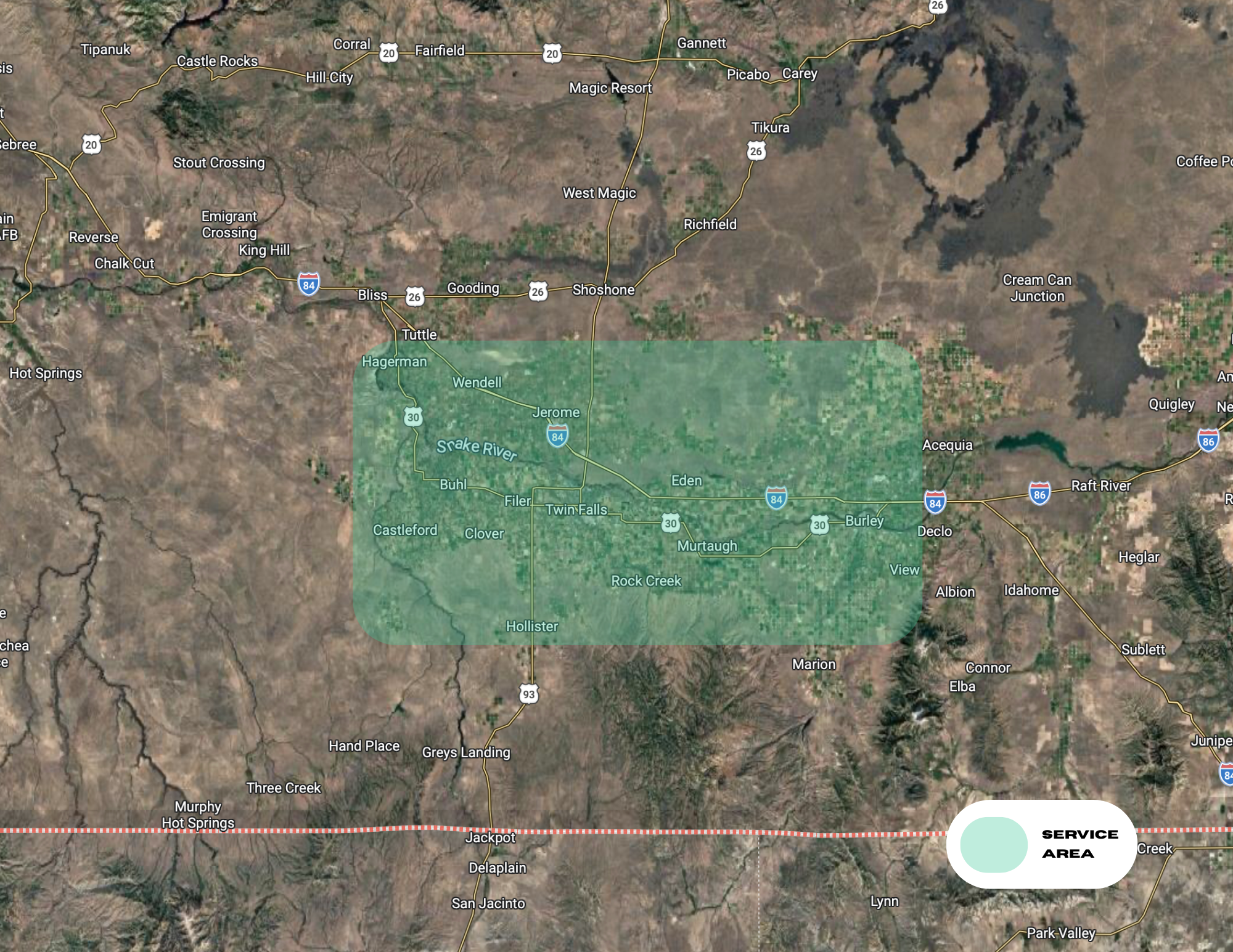 Map showing a geographic area with highways, towns, lakes, and a highlighted service area marked in green. Locations include Hot Springs, Murhpy, Three Creek, and Jackpot, with a section labeled 'SERVICE AREA' at the bottom right.