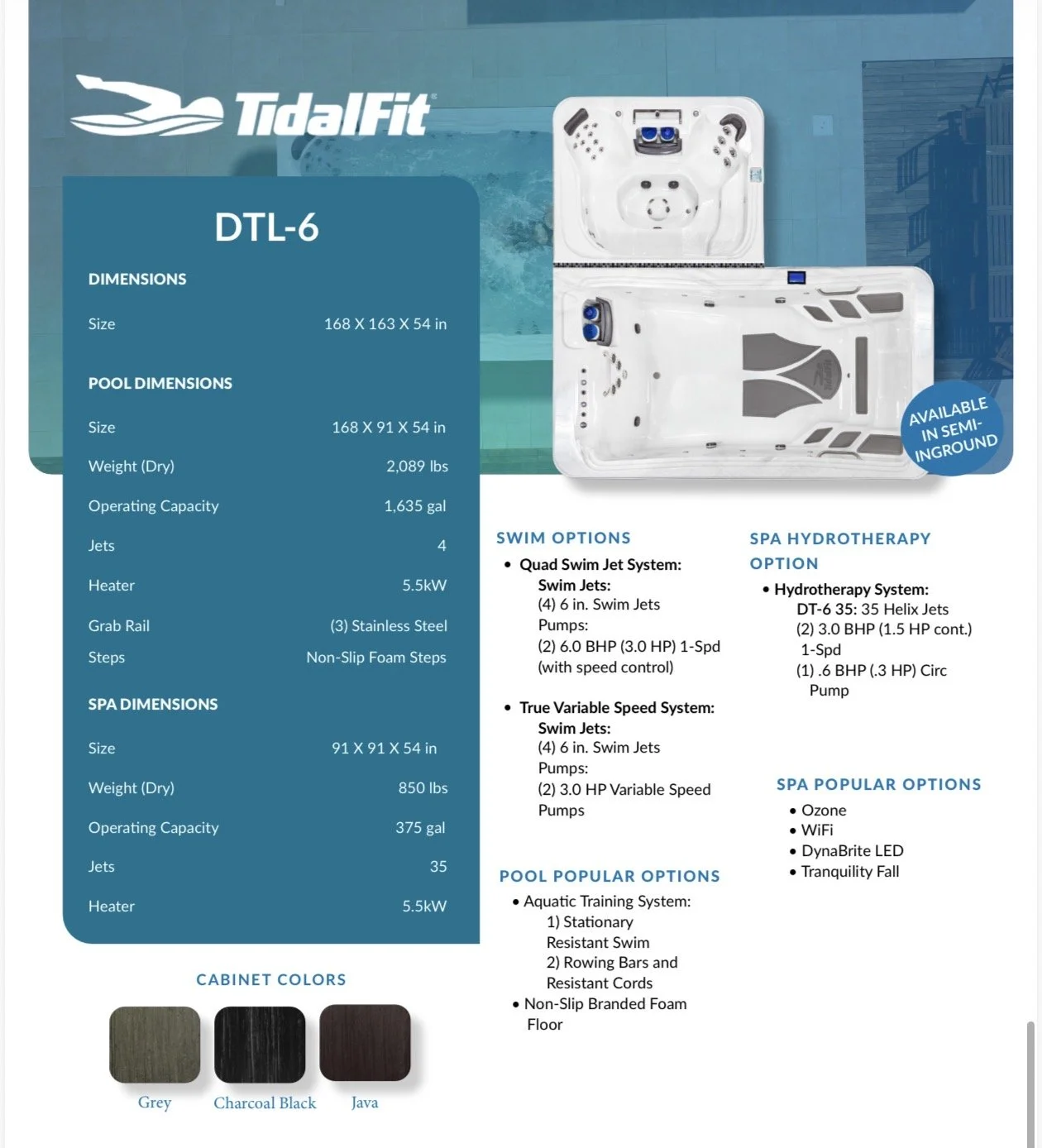 Product brochure for TidalFit DTL-6 swim spa showing dimensions, pool and spa specifications, swim options, spa options, and cabinet colors, with images of the spa in the background and a blue badge indicating it is available in semi-inground.