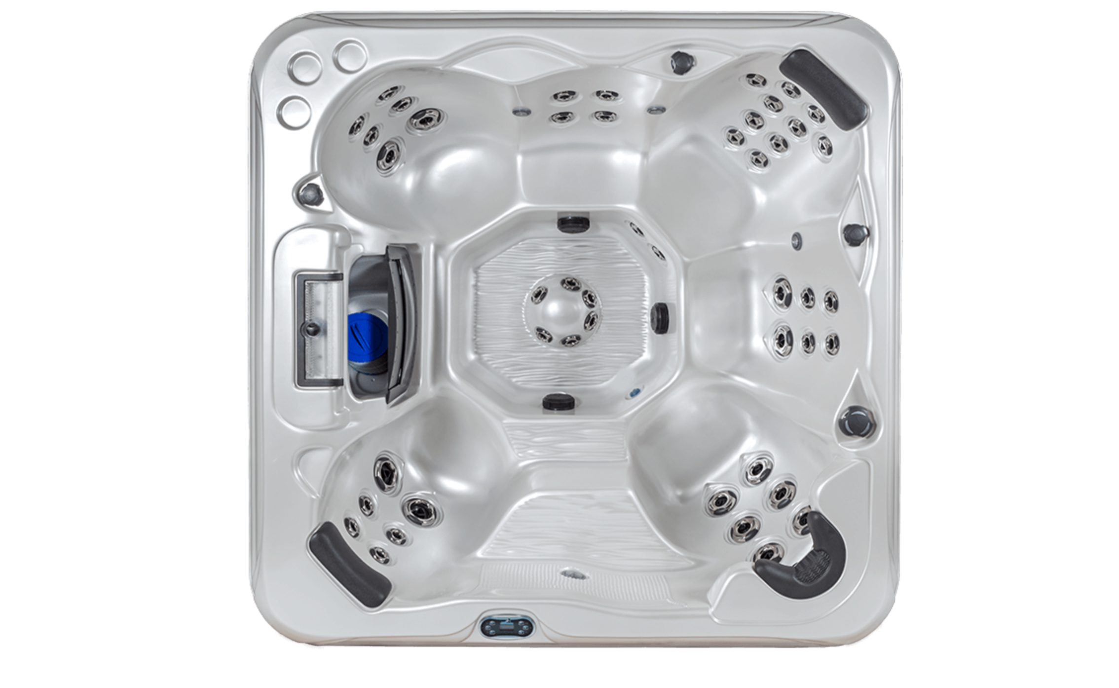 Top view of a square hot tub with multiple jets, headrests, and control panel.