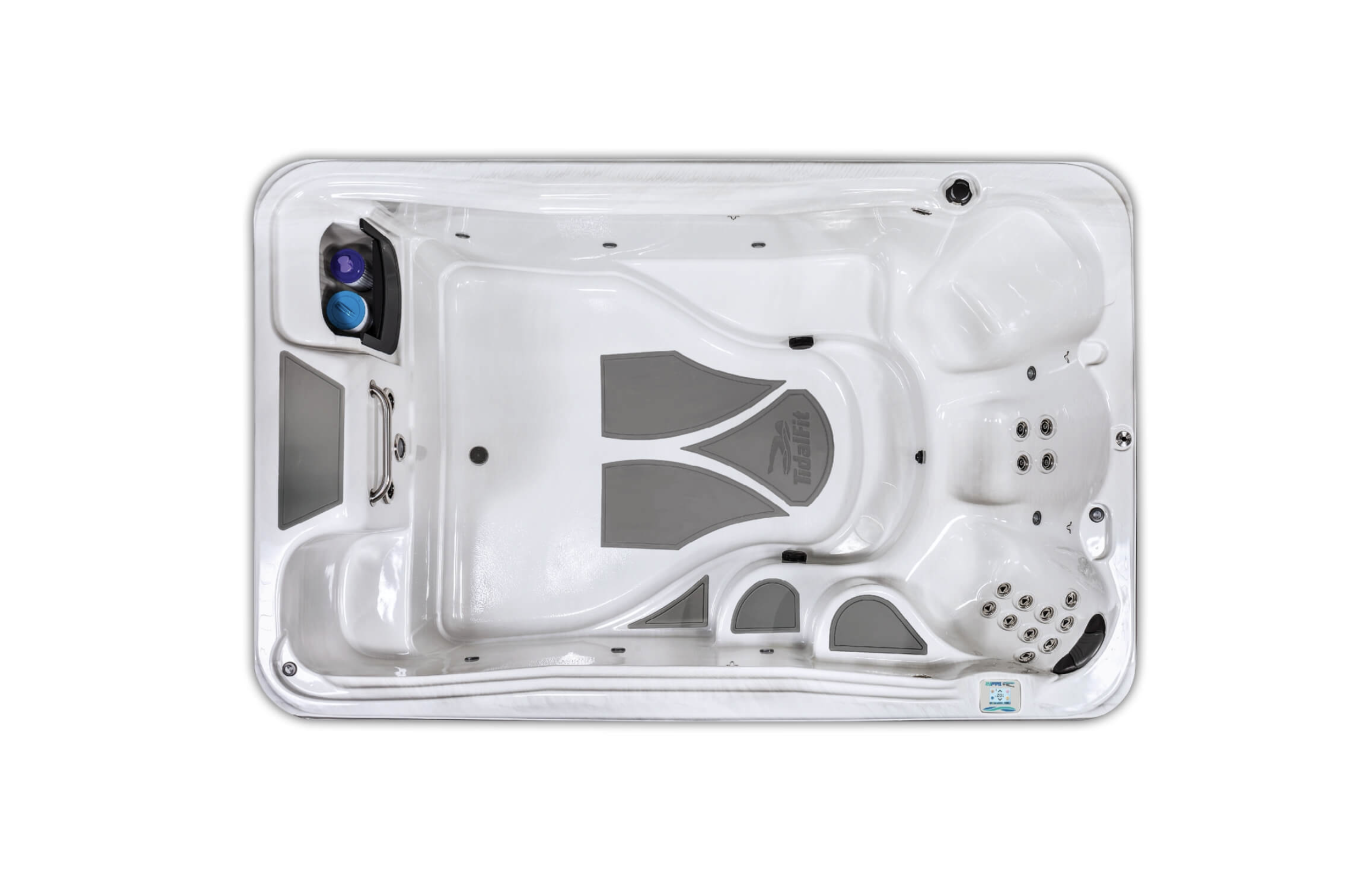 Top view of a white Jacuzzi hot tub with various seats, jets, and a built-in control panel.