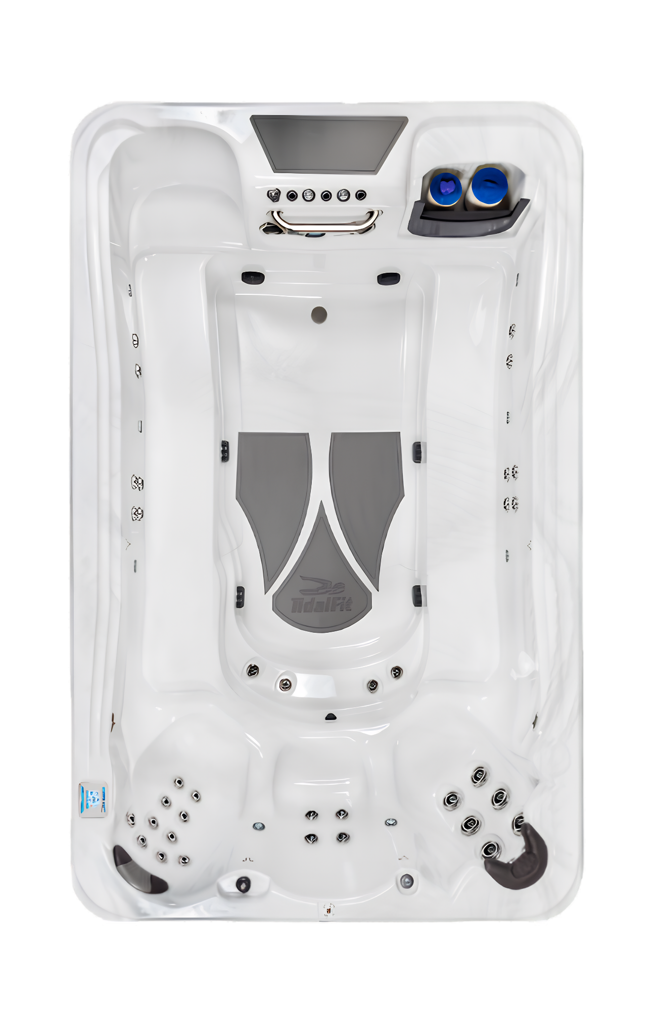 Top view of a white hot tub or jacuzzi with multiple jets, a control panel, and seating areas.