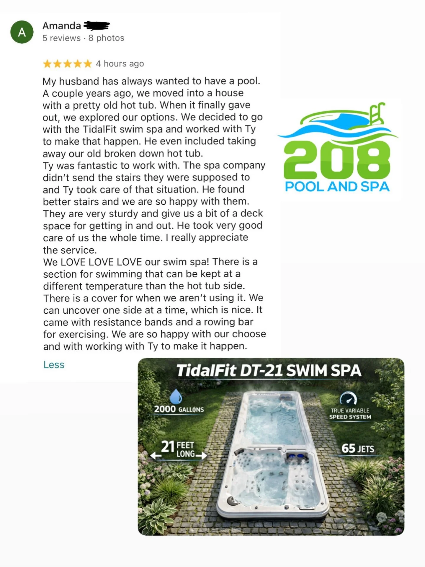 Our customers are the heart and soul of this business! 🫧
Very thankful for the opportunity to help Amanda and her family find the perfect swim spa + hot tub combo for their family 💦 ✨ 
Contact us to explore the many options we have available! 

#20
