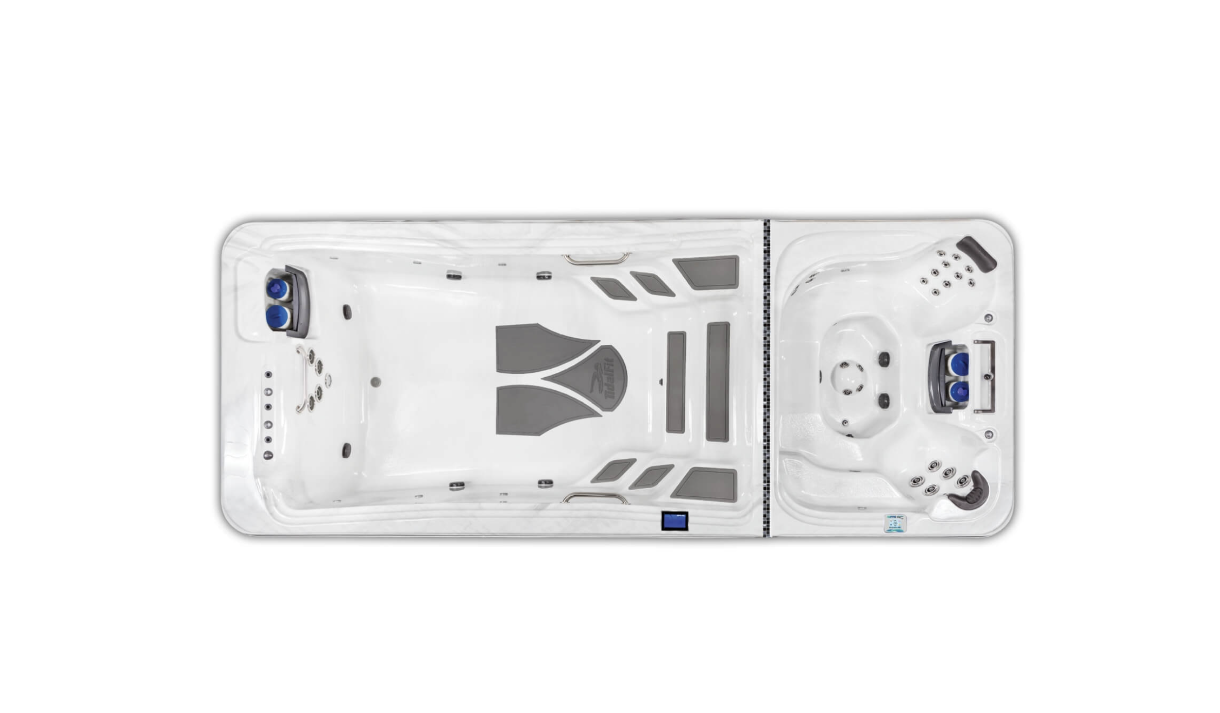 Top view of a white hot tub with seating and jets.