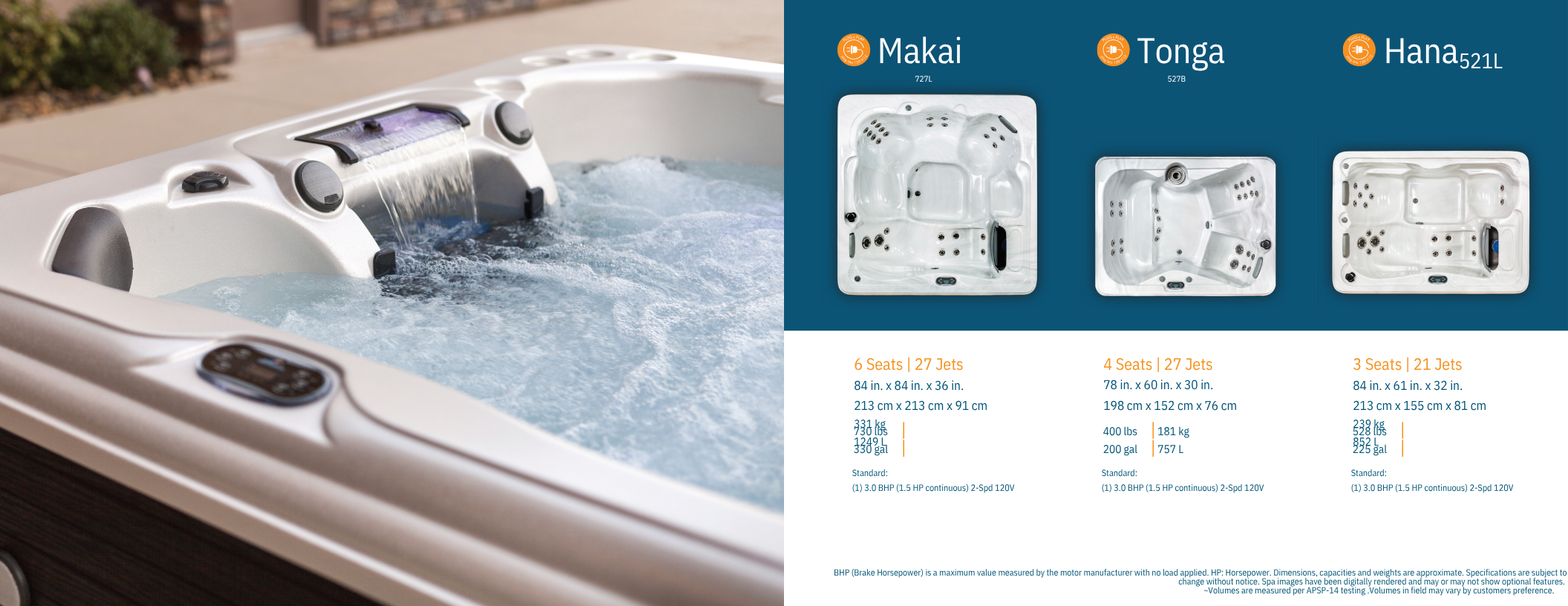 Image showing three different hot tub models with specifications, including Makai, Tonga, and Hana, alongside an outdoor hot tub filled with water in the background.
