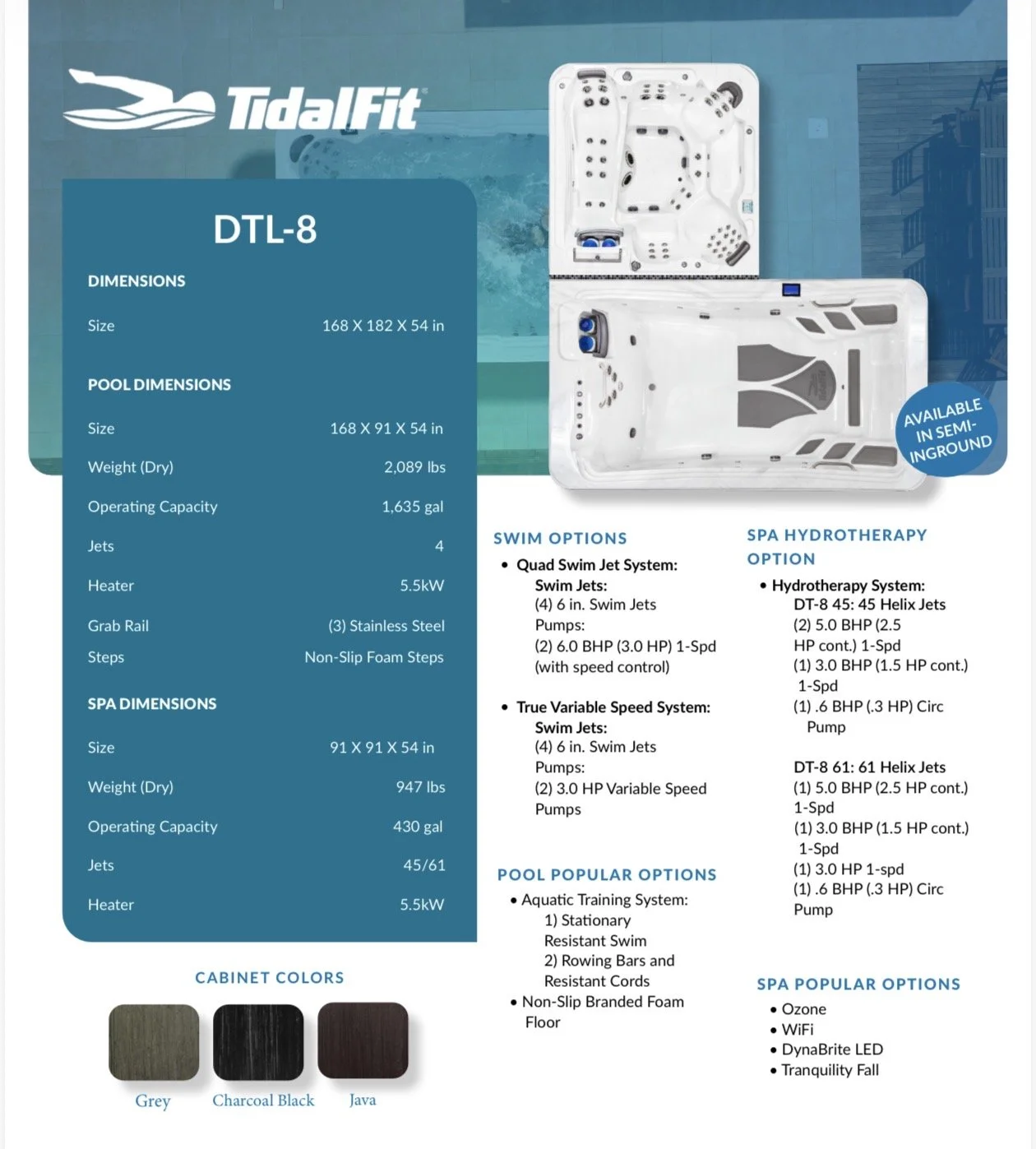 A brochure for the Tidalfit DTL-8 hot tub or swim spa, showing dimensions, features, options, and cabinet colors with an image of the unit.