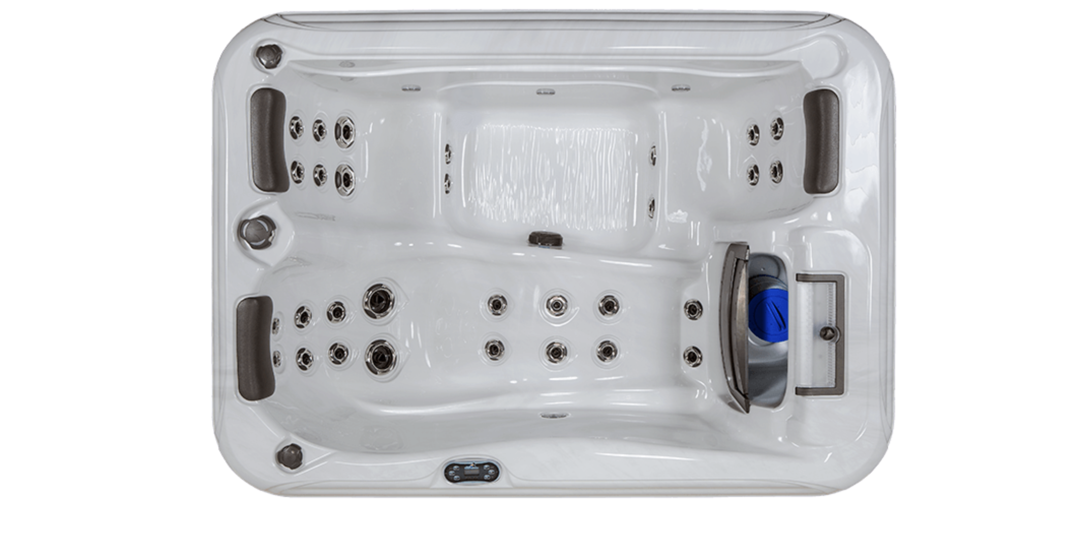 Top view of a white hot tub with multiple jets, armrests, control panel, and a blue valve.