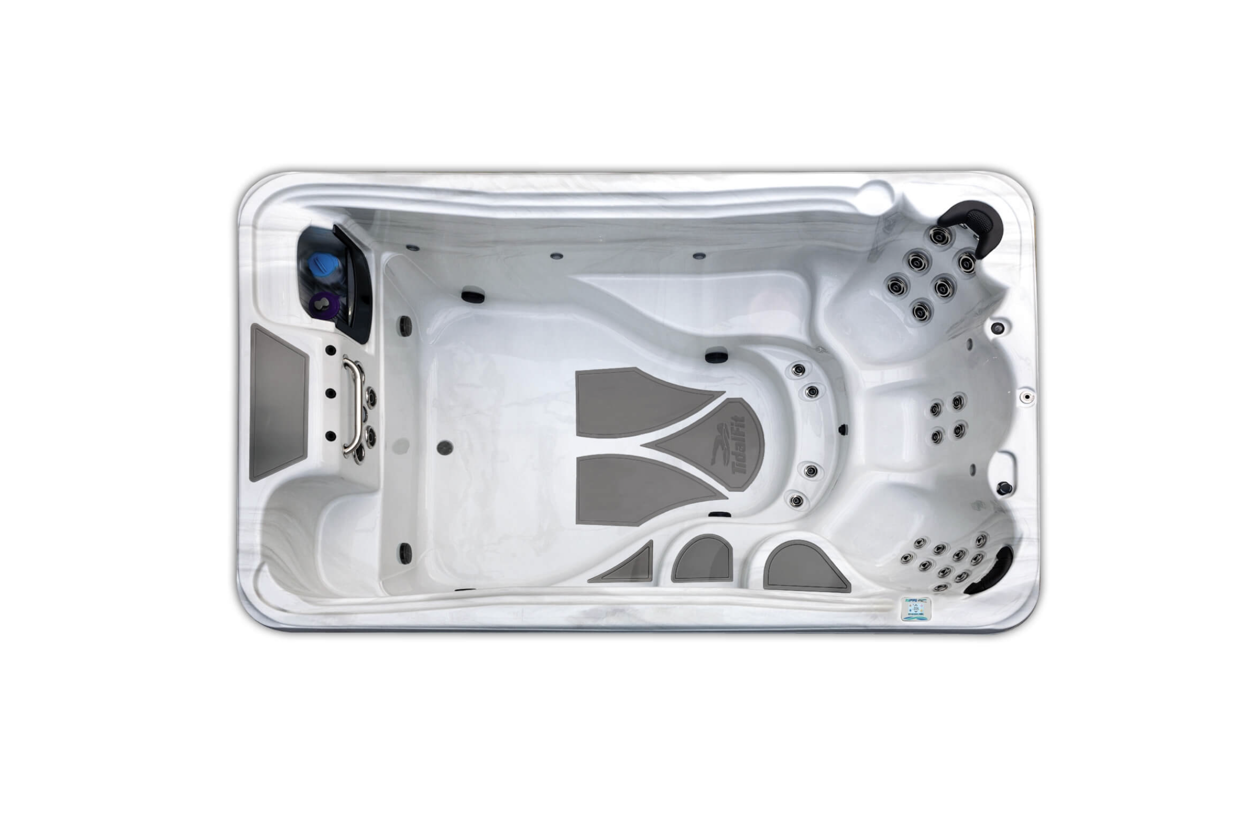A white hot tub with multiple jets, control panel, and interior seating.