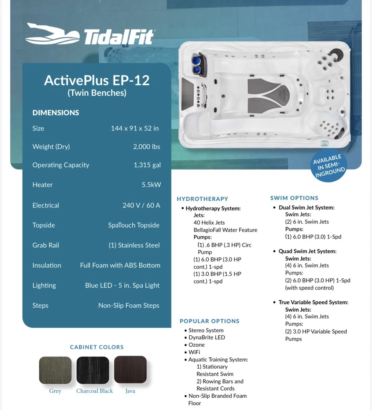 Specifications sheet for TidalFit ActivePlus EP-12 twin bench hot tub, including dimensions, weight, capacity, heater, electrical info, top side, grab rail, insulation, lighting, steps, cabinet colors, hydrotherapy and swim options, popular options, and features.