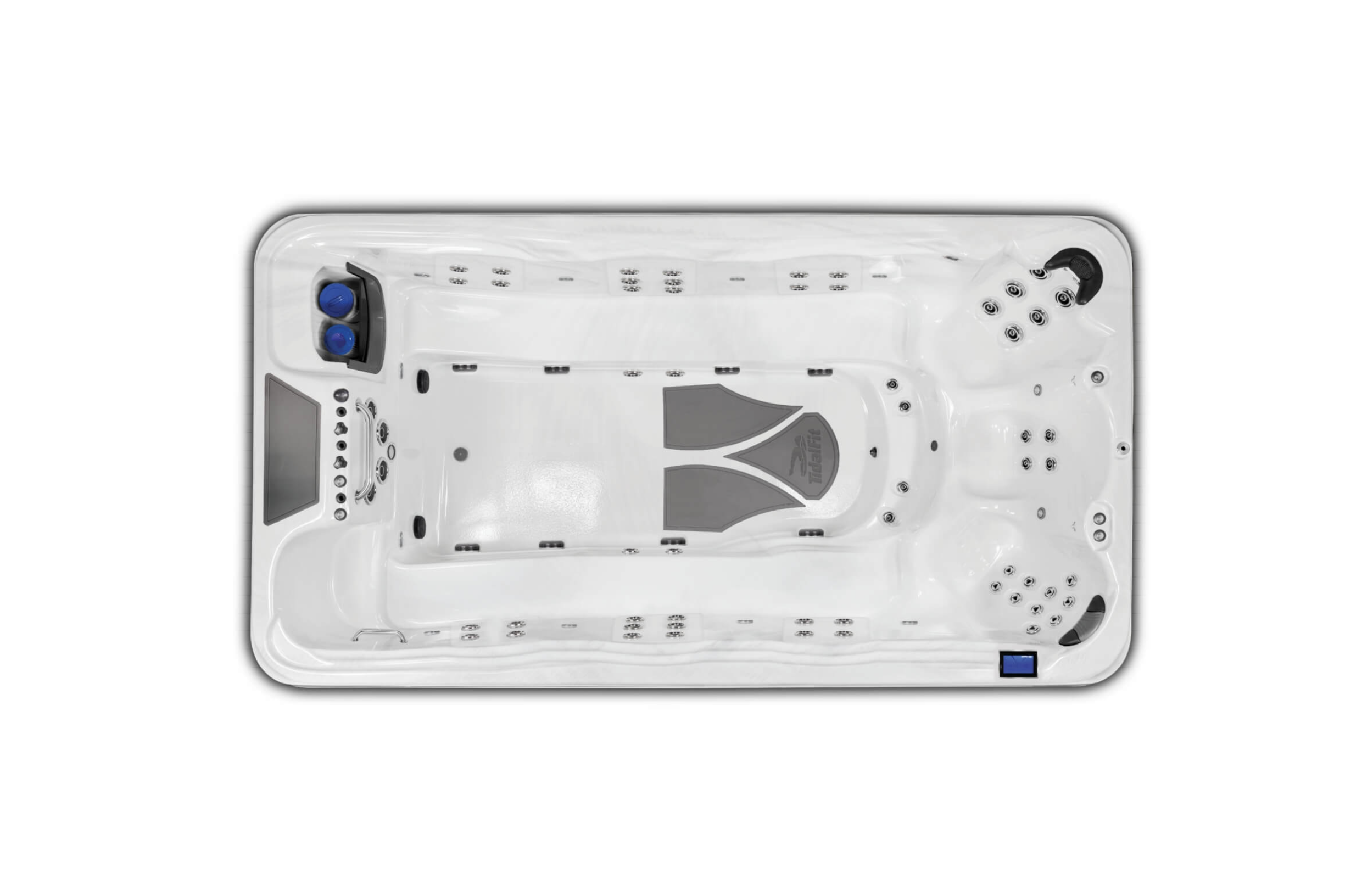 Top view of a white hot tub with multiple jets, control panel, and two black and blue handles.