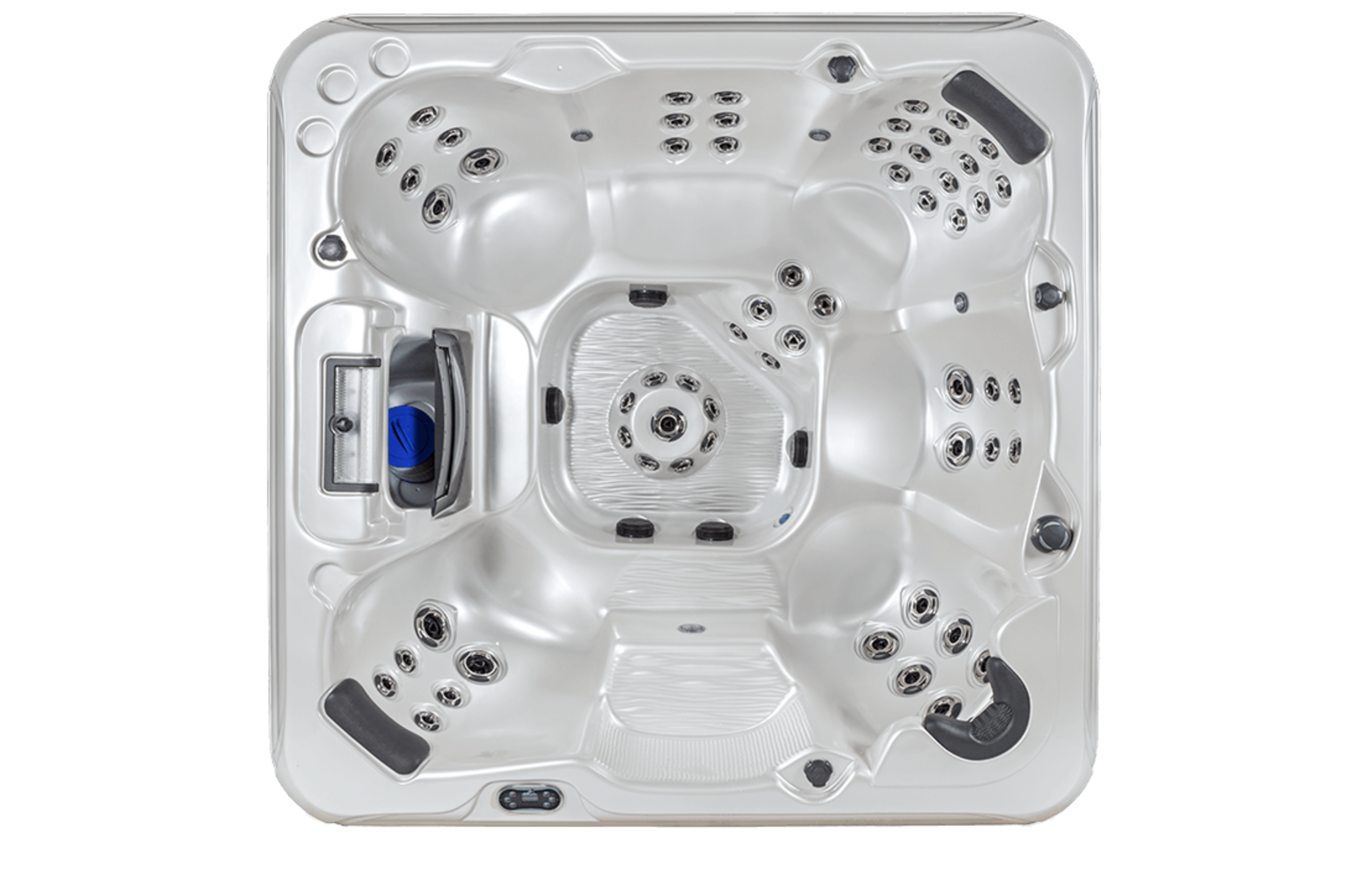 Top view of a white hot tub with multiple jets, control panel, and built-in headrests.