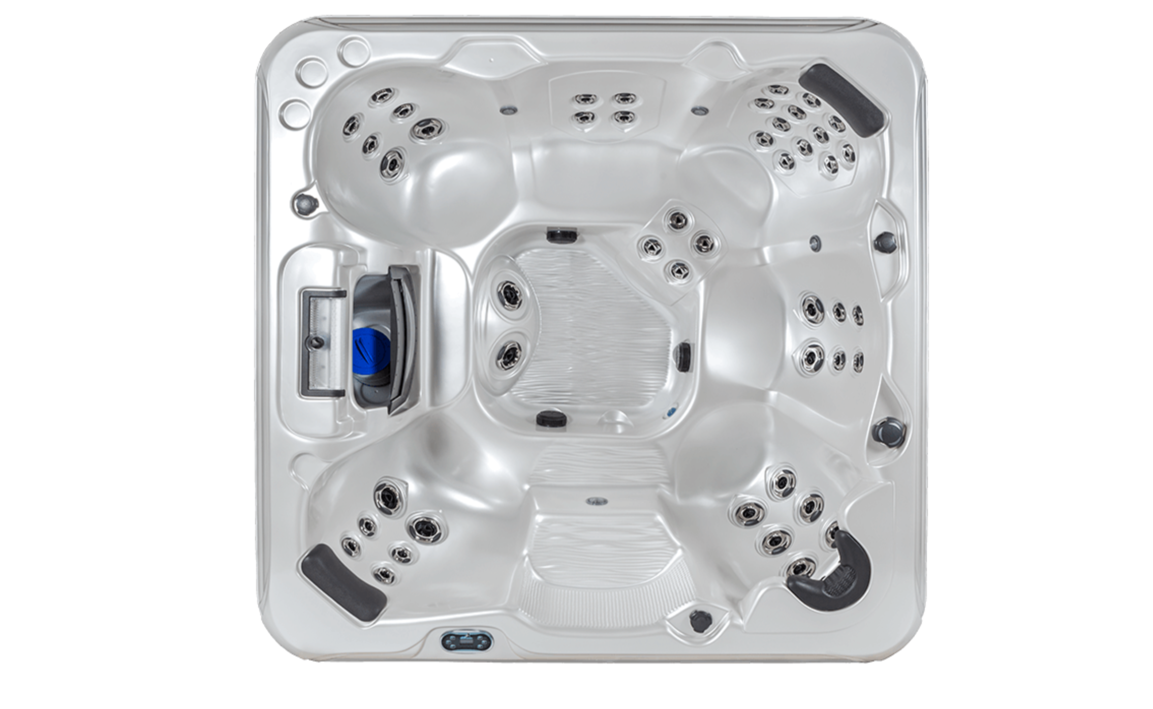 Square hot tub with multiple jets, black armrests, and a control panel.