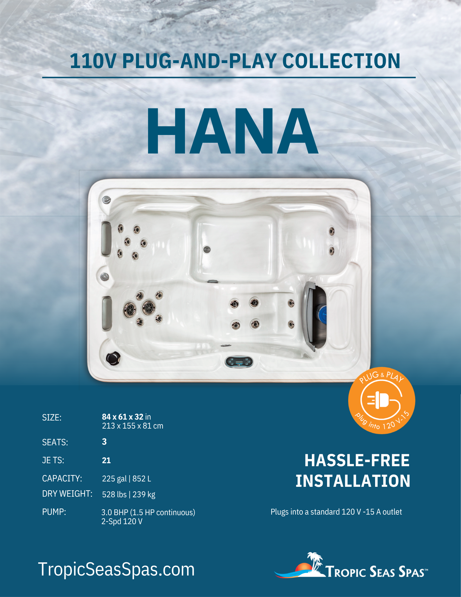An advertisement for a 110V plug-and-play hot tub collection called Hana by Tropic Seas Spas. The image shows a white hot tub with multiple jets and a control panel, with specifications about size, seats, capacity, and installation details.