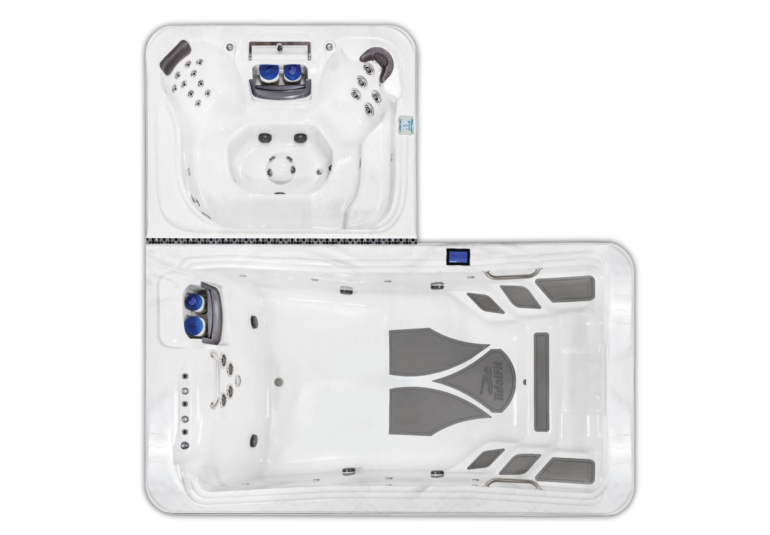 A white hot tub with multiple water jets, headrests, and control panels.