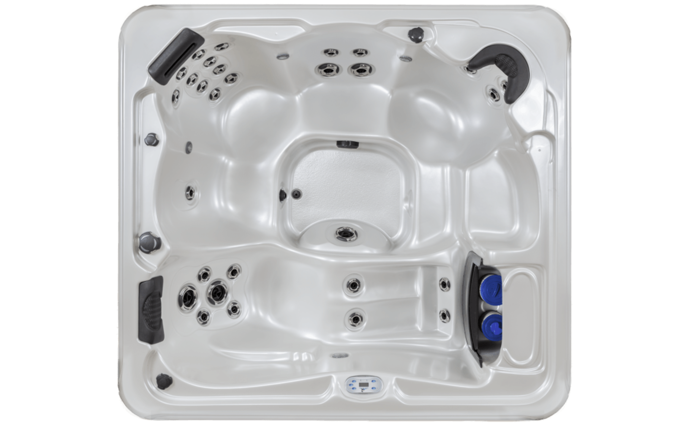 A white hot tub with multiple black and silver jets, adjustable headrests, and blue dials on the side for controls.