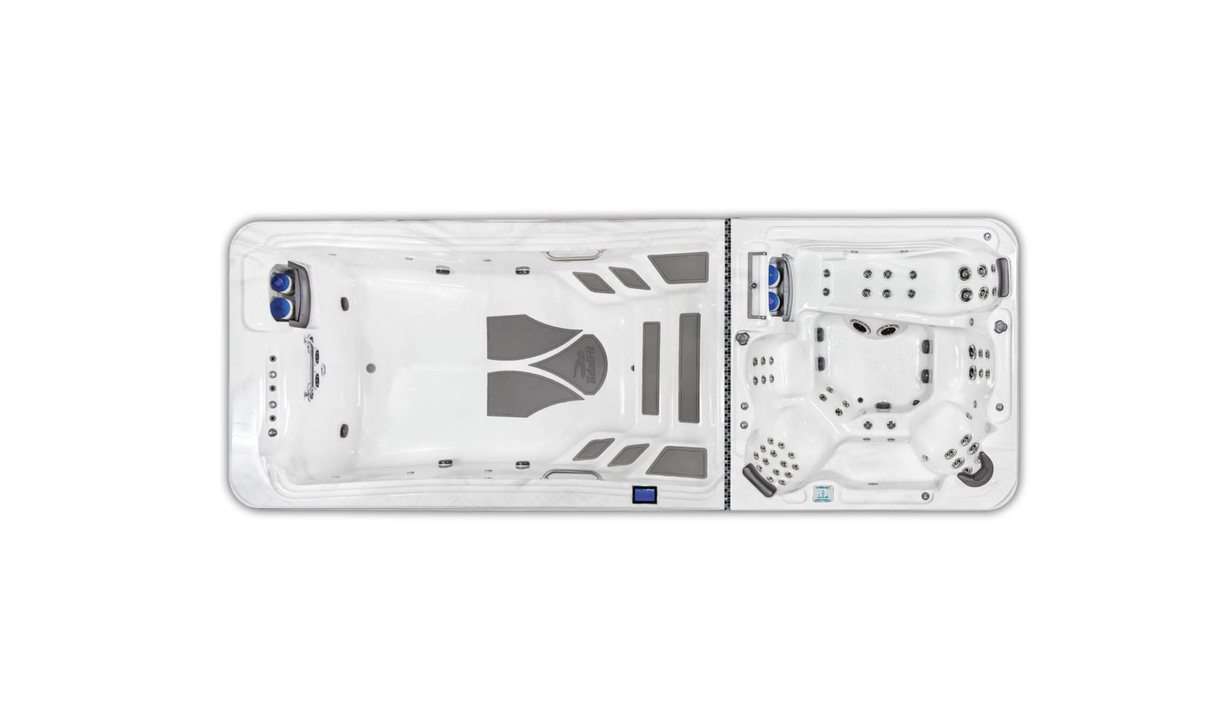 Top view of a white hot tub with various jets, seats, and control panels visible.