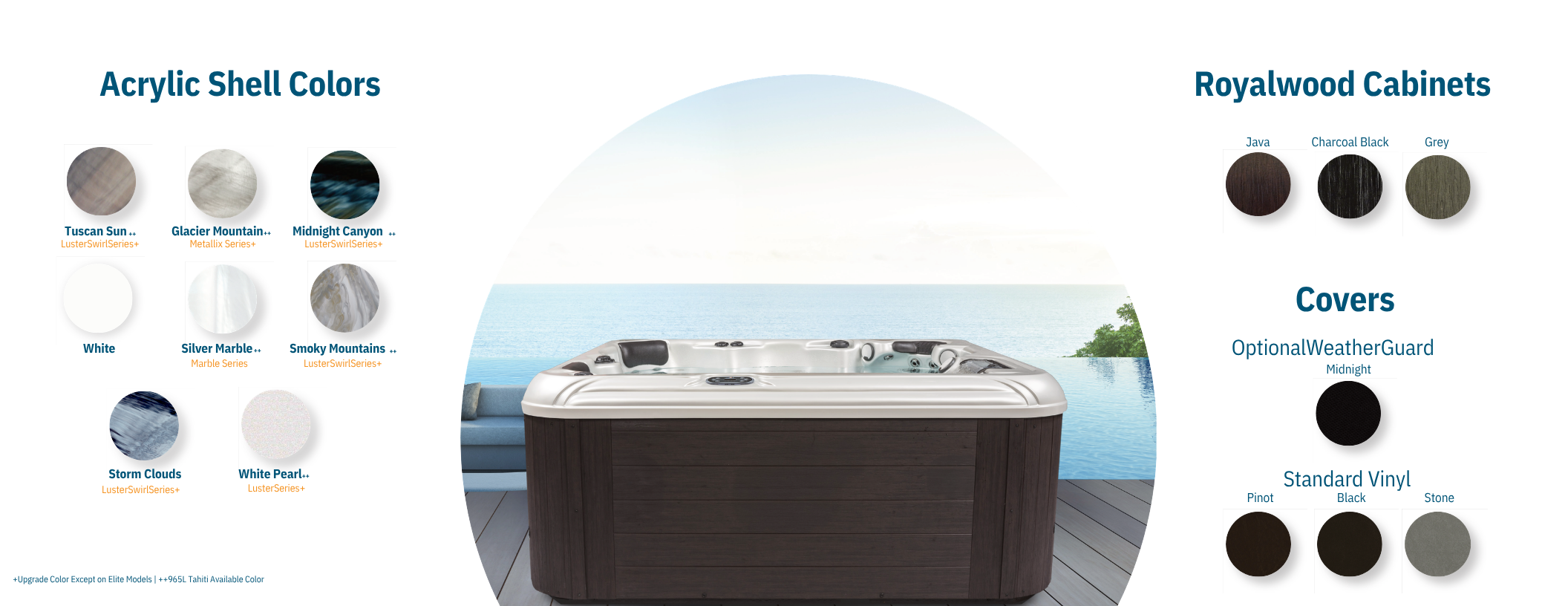 Spa or hot tub with a dark wood exterior against a lakeside background, marked as part of a color and material selection guide with various acrylic shell colors, cabinet finishes, and covers.