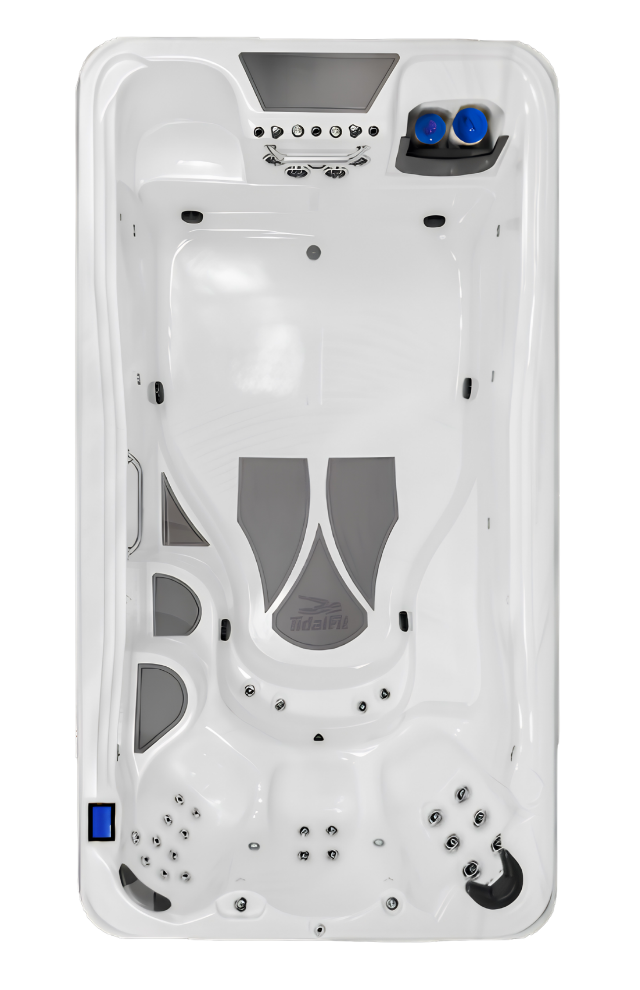 A white hot tub with gray and black accents. It has multiple jets, seating areas, and controls on the top edge, with a gray headrest at one end and built-in speakers or jets at various locations.