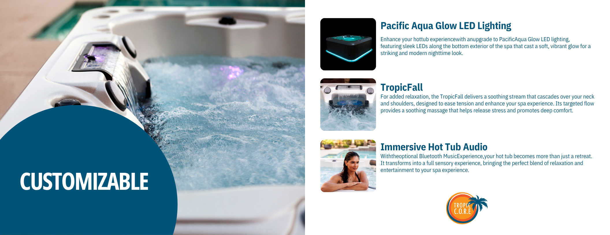 Image of a hot tub with a blue overlay containing the word "CUSTOMIZABLE." To the right, there are descriptions of features: Pacific Aqua Glow LED Lighting, TropicFall waterfall, and immersive hot tub audio, with corresponding images and a Tropic C.O.R.E. logo at the bottom.