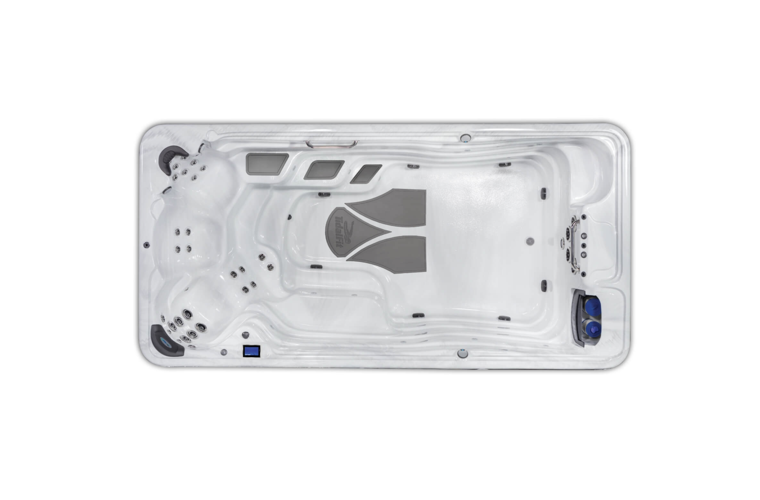 Top view of a white hot tub with multiple jet nozzles, adjustable seats, and control panels.