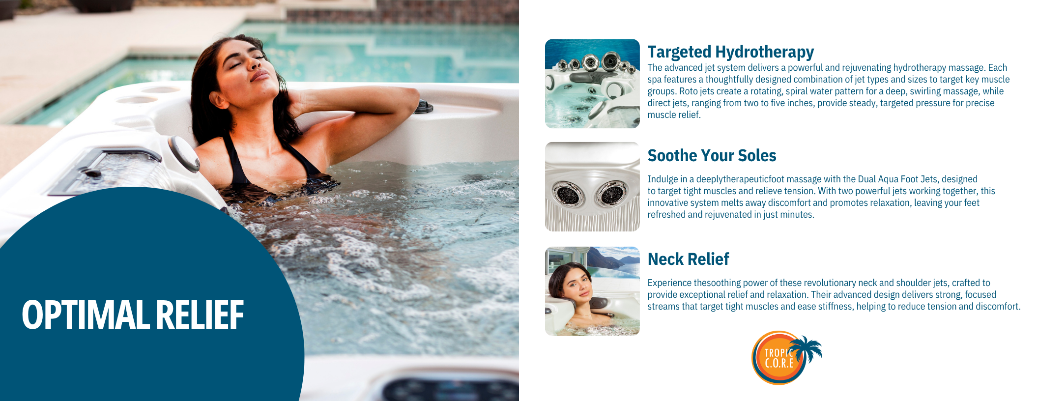 Woman relaxing in a hot tub with jets, promoting therapeutic spa features and relief devices.