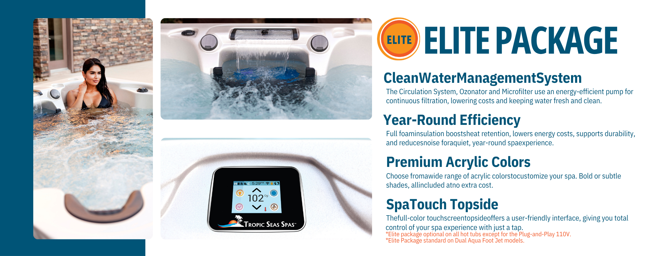 Advertisement for Tropic Seas Spas Elite Package, featuring a woman relaxing in a hot tub with water jets, a control panel, and promotional text emphasizing water management, efficiency, acrylic colors, and user interface features.