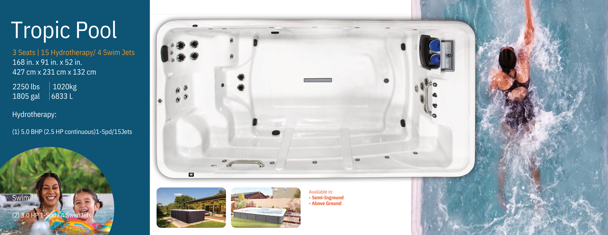An advertisement for a tropical hot tub with a view of a person swimming in a pool. The hot tub is white and features multiple jets and seating for three. The image includes specifications such as dimensions, weight, and hydrotherapy details, with options for semi-inground or above ground installation.