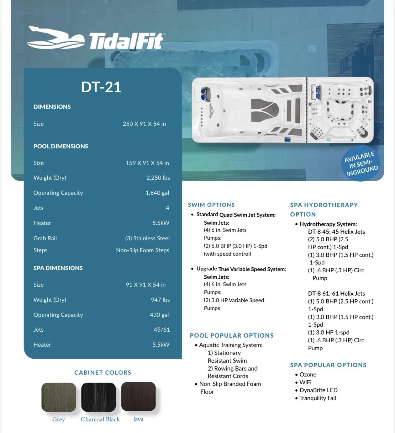 A brochure showcasing a TidalFit DT-21 hot tub with specifications including size, pool dimensions, spa dimensions, and features such as swim options, spa popular options, and pool popular options. The brochure also highlights available cabinet colors and features a top view of the hot tub with an indication that it is available in semi-in-ground installation.