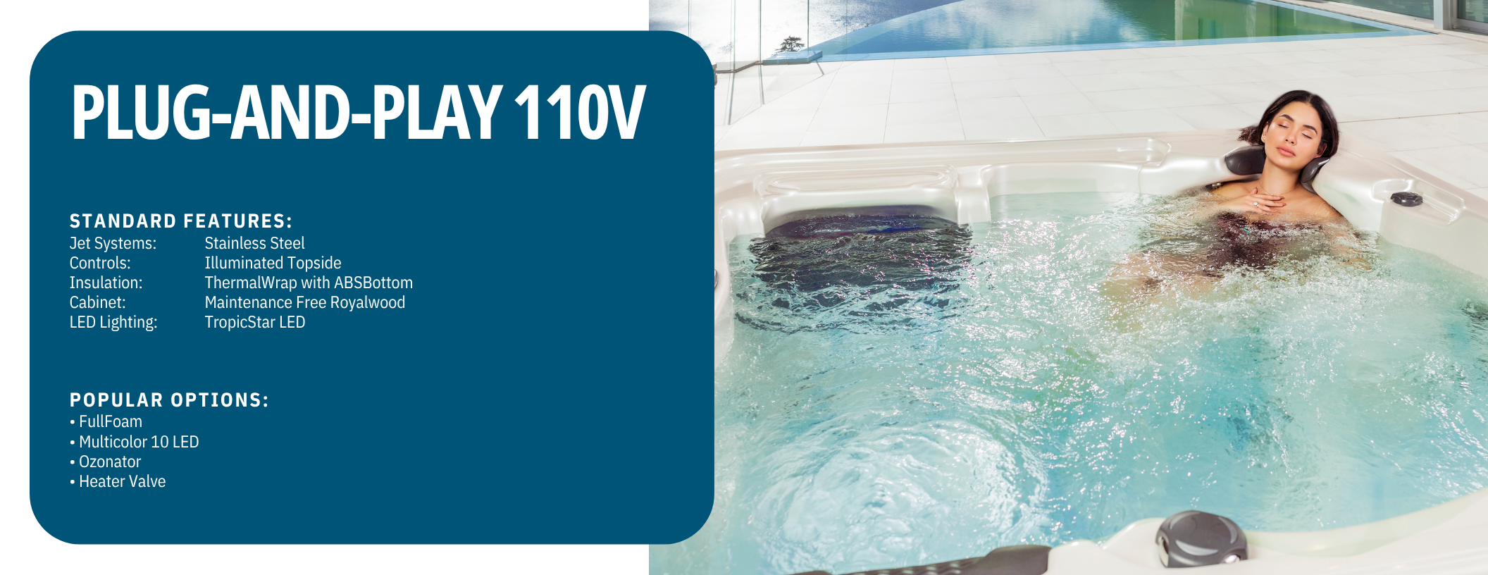 A woman relaxing in a white hot tub with a headrest, next to a swimming pool, with a blue informational banner on the left side displaying features of a plug-and-play 110V hot tub.
