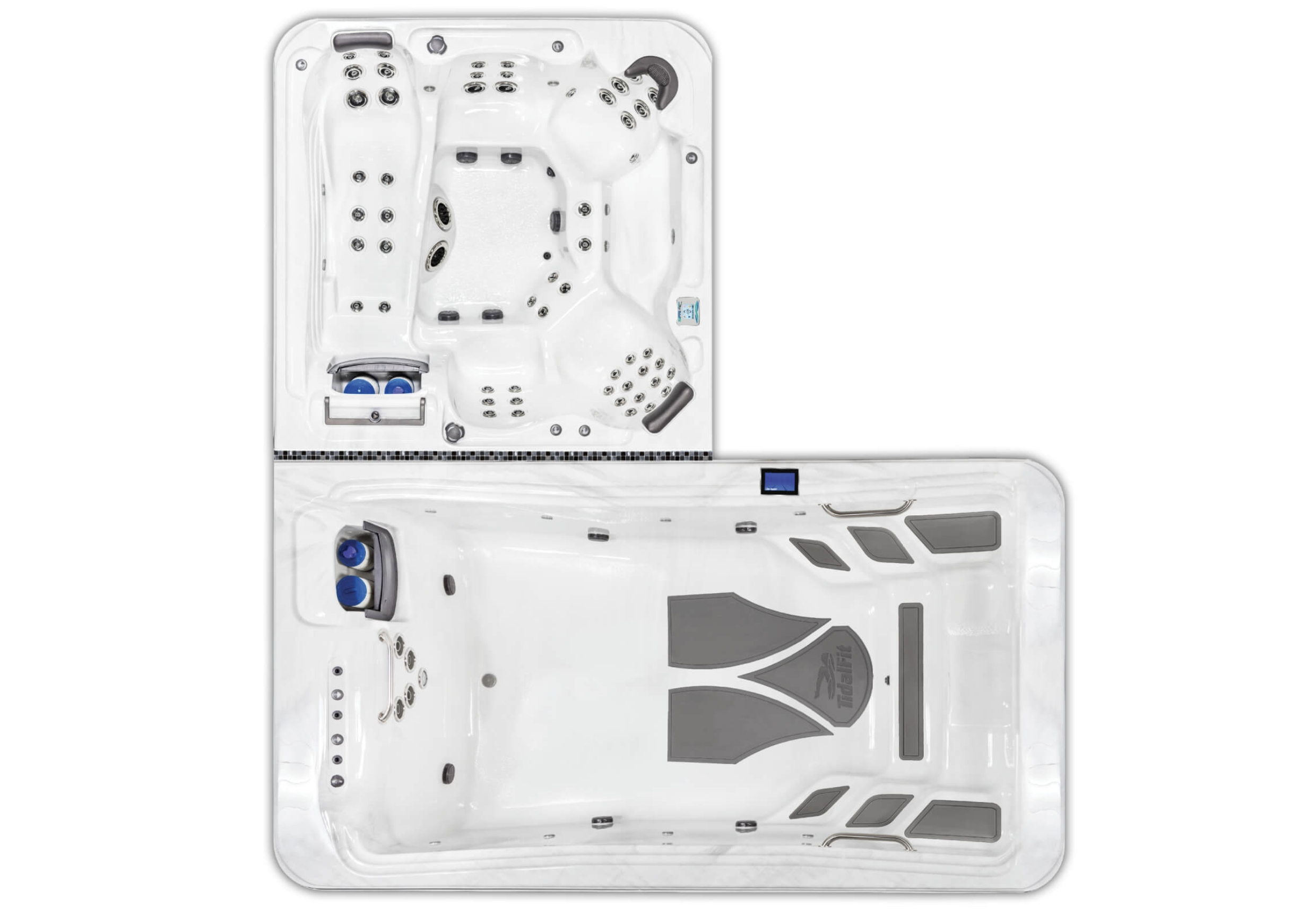 A white hot tub with multiple jets, control panel, and gray textured seats.