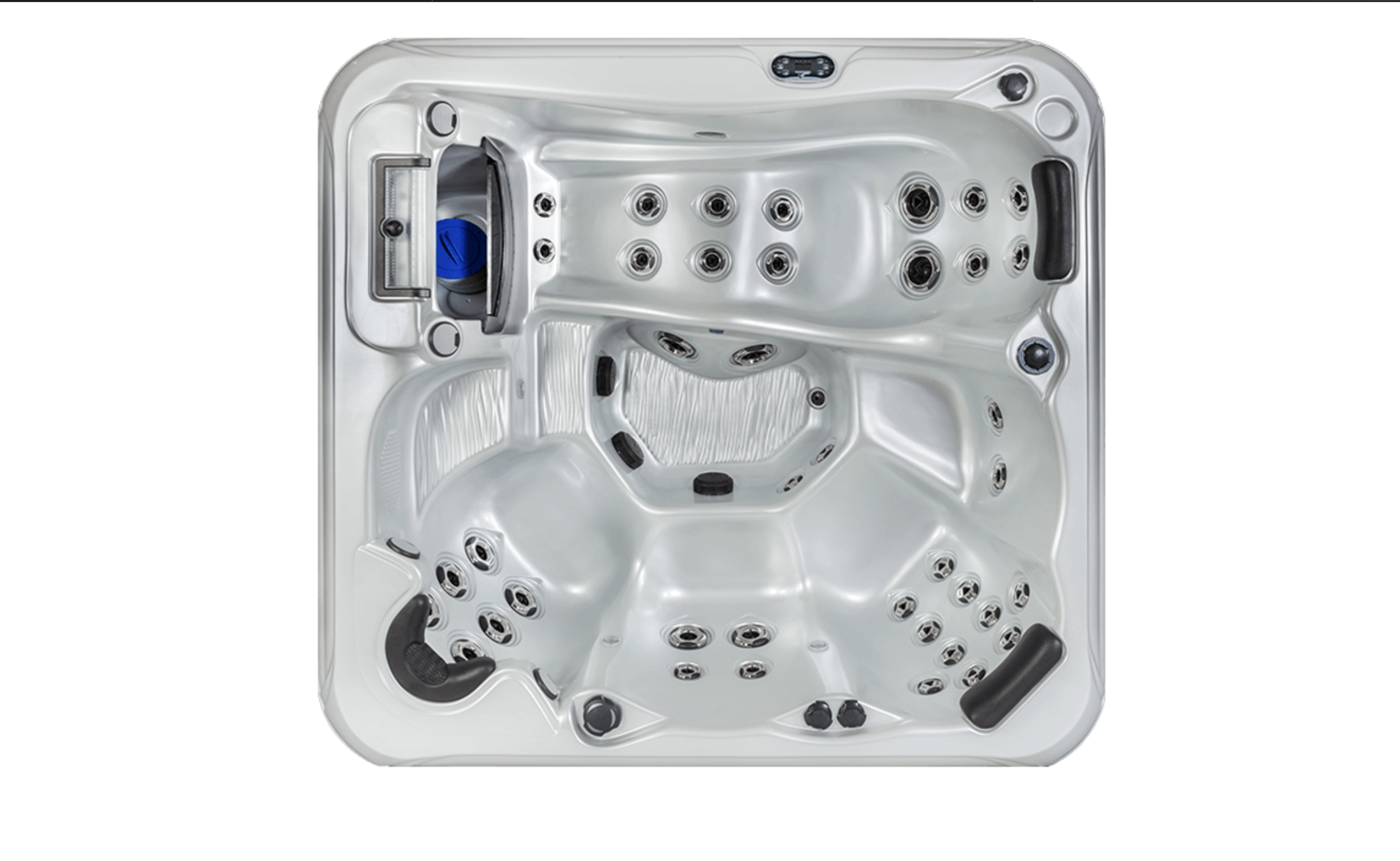 A white hot tub with multiple jets and control panel on top.