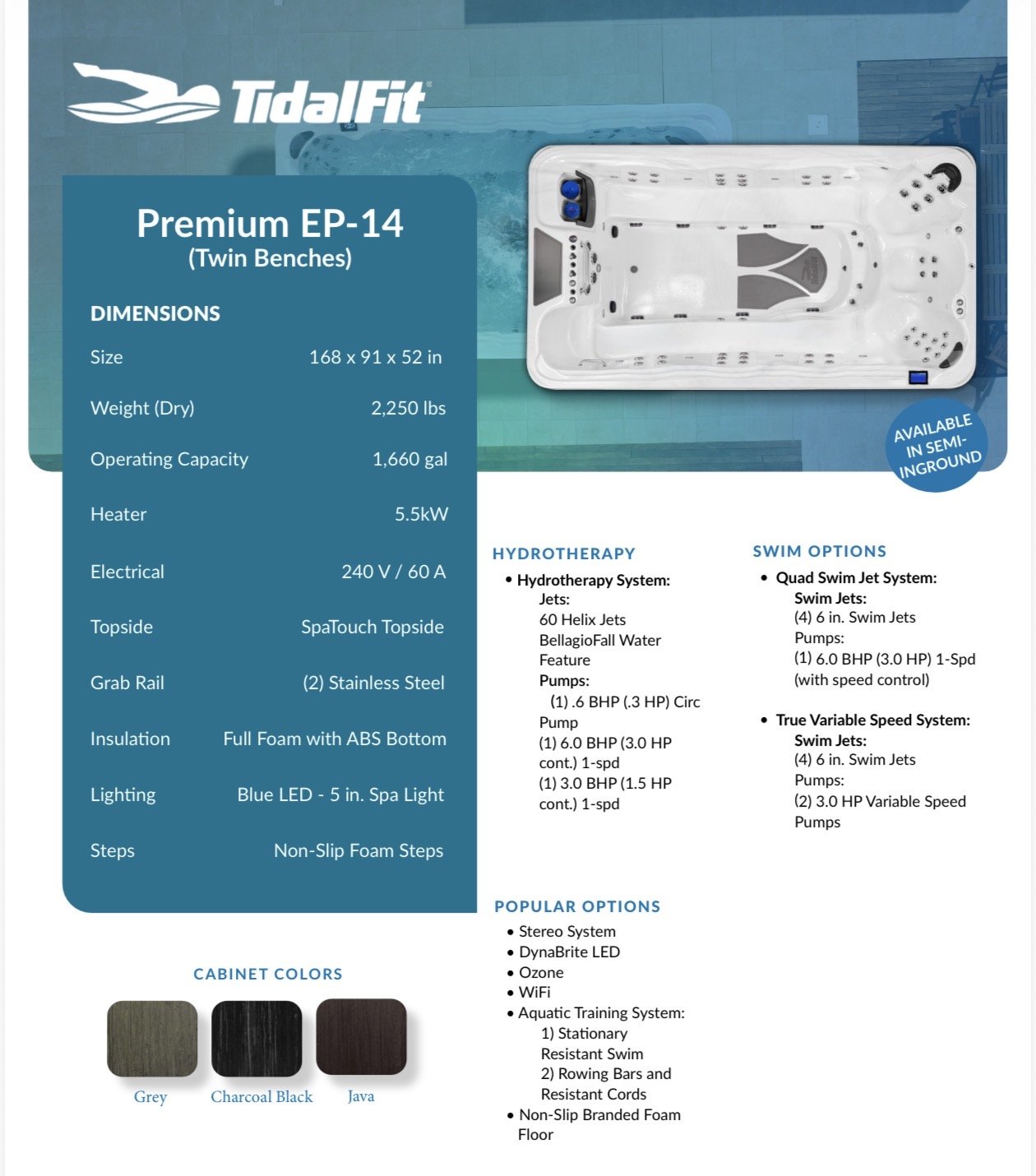 Information sheet with specifications and features of a TidalFit Premium EP-14 twin bench hot tub, including dimensions, weight, capacity, heating, electrical details, topide, grab rail, insulation, lighting, steps, hydrotherapy and swim options, cabinet colors, and popular options.