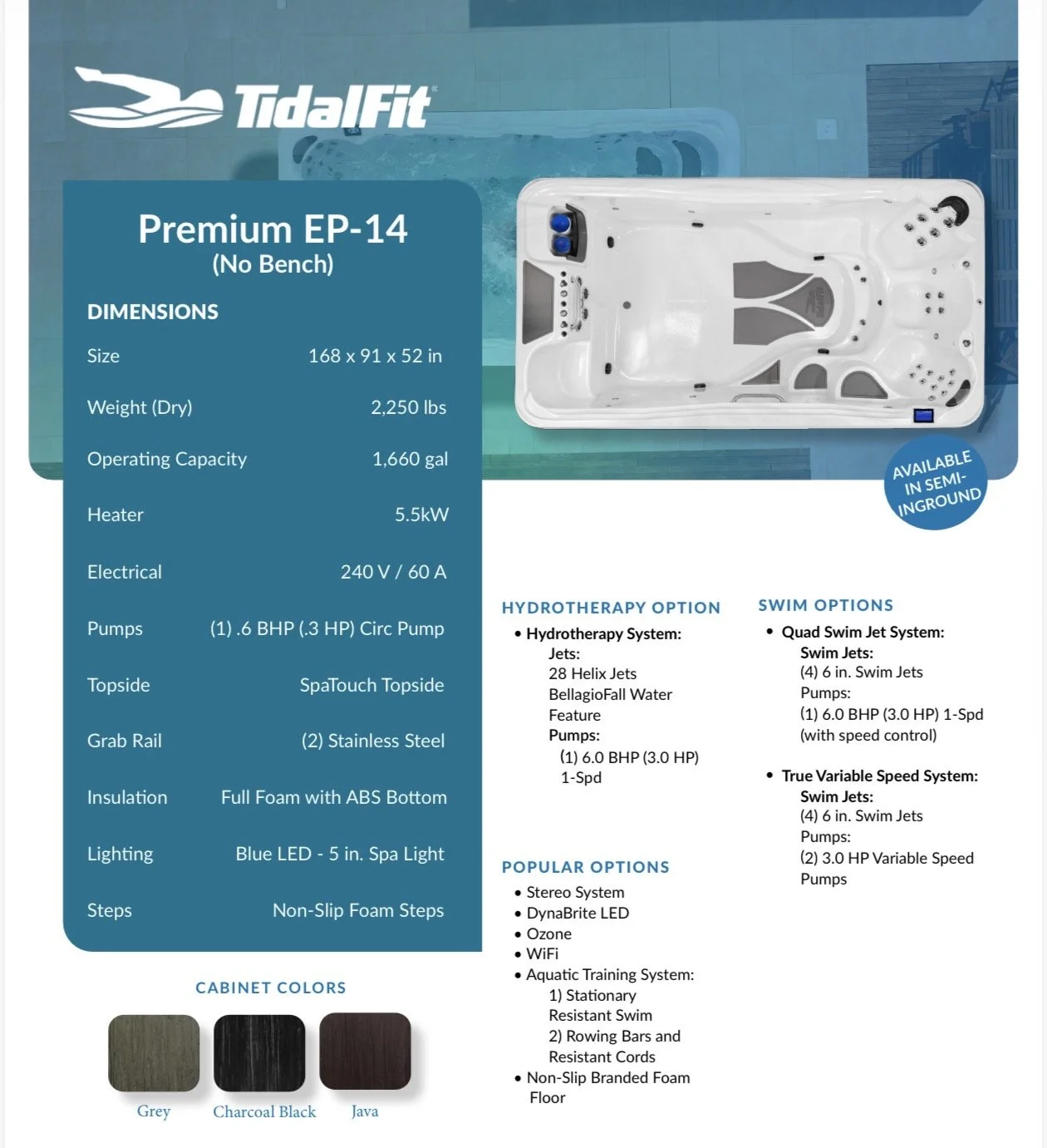 A diagram of a white hot tub with blue and black accents, displaying specifications such as dimensions, weight, capacity, heater, electrical details, pumps, and features, with branding for TidalFit, and additional notes on hydrotherapy, swim options, and cabinet colors at the bottom.