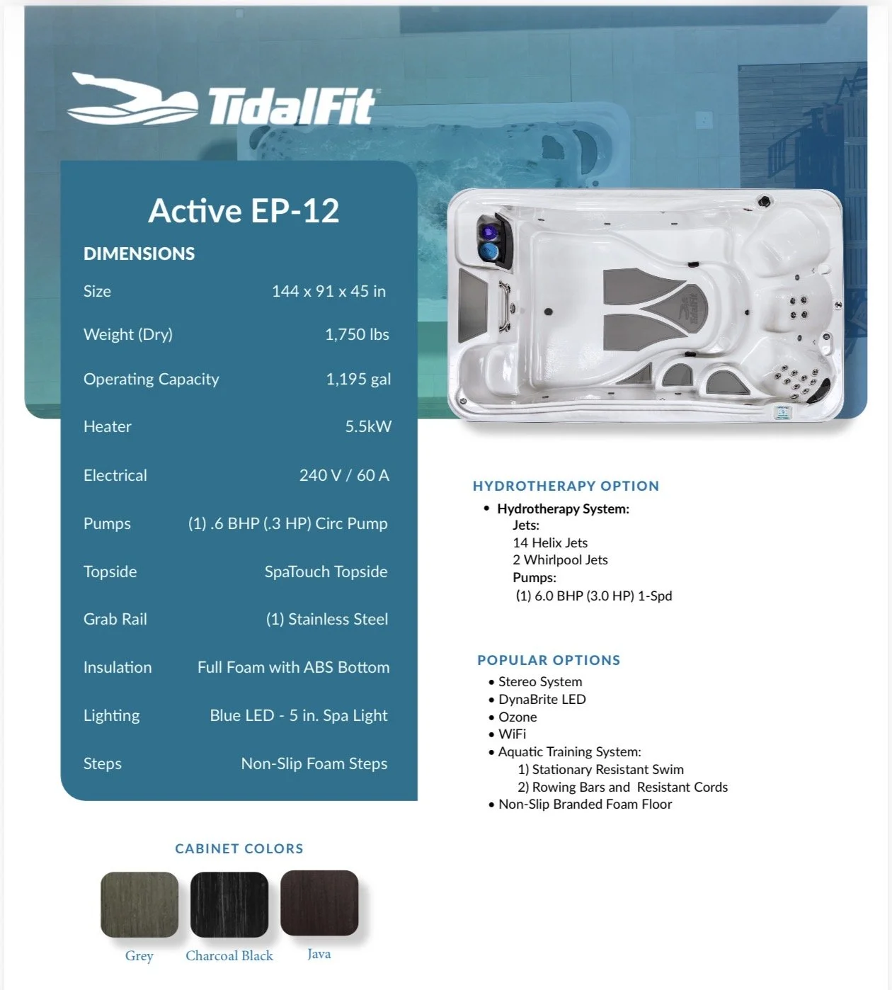 Product brochure for TidalFit Active EP-12 hot tub, showing an image of the hot tub, technical specifications, popular options, and available cabinet colors.