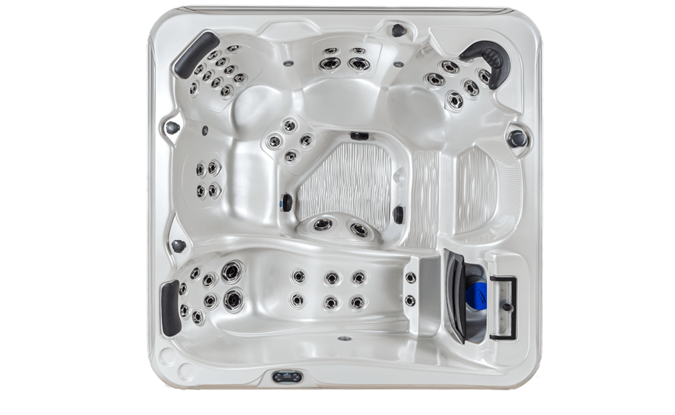 Top view of a white hot tub with multiple jets, black and blue handles, and control panel.