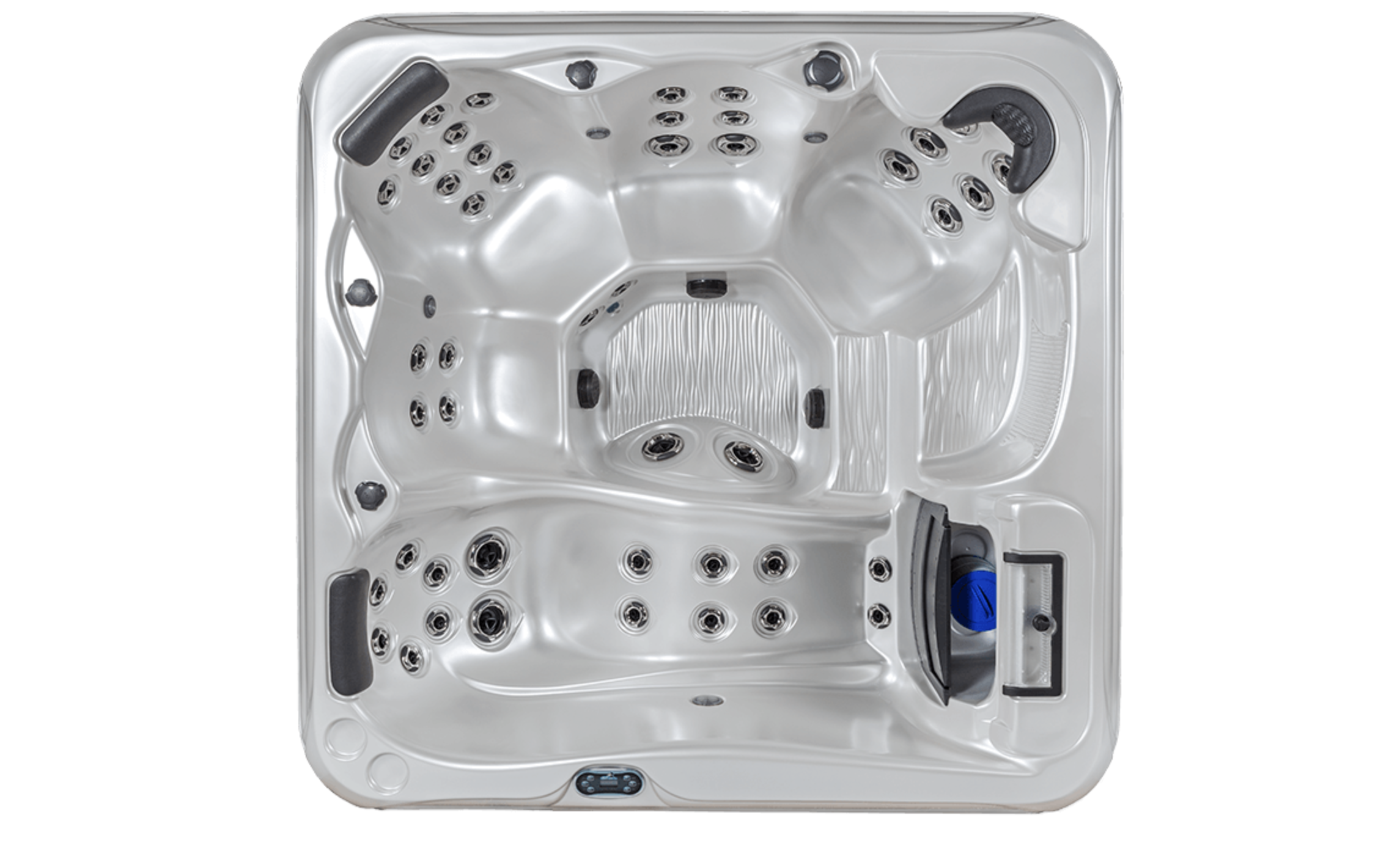 Top view of a square hot tub with several jet nozzles and black handles.