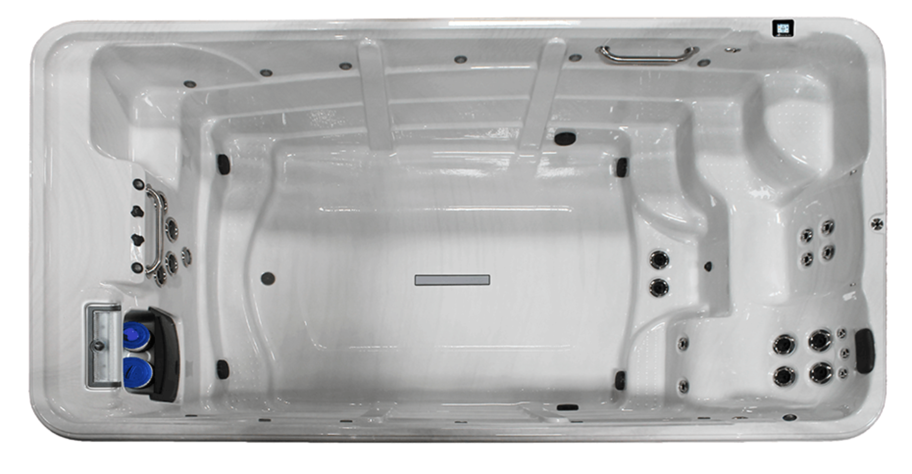 A white hot tub with multiple jets, a built-in seat, and control panel with two blue knobs.