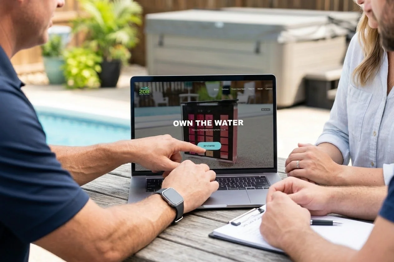 Two people sitting at a wooden table outdoors, looking at a laptop screen that displays a water-related product or service with the text "OWN THE WATER" and a button labeled "GET STARTED."