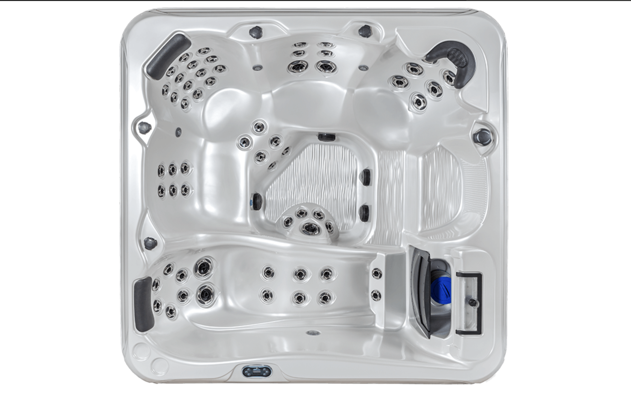 A white outdoor hot tub with multiple jets, black armrests, and control panel.