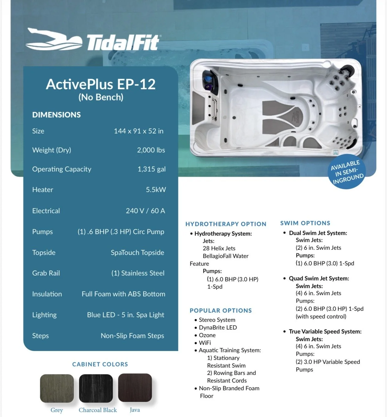 A promotional infographic for a TidalFit ActivePlus EP-12 hot tub, no bench, detailing its dimensions, weight, capacity, heater, electrical requirements, pumps, top side, grab rail, insulation, lighting, and steps. It includes options for hydrotherapy, swim features, popular options, and cabinet colors.