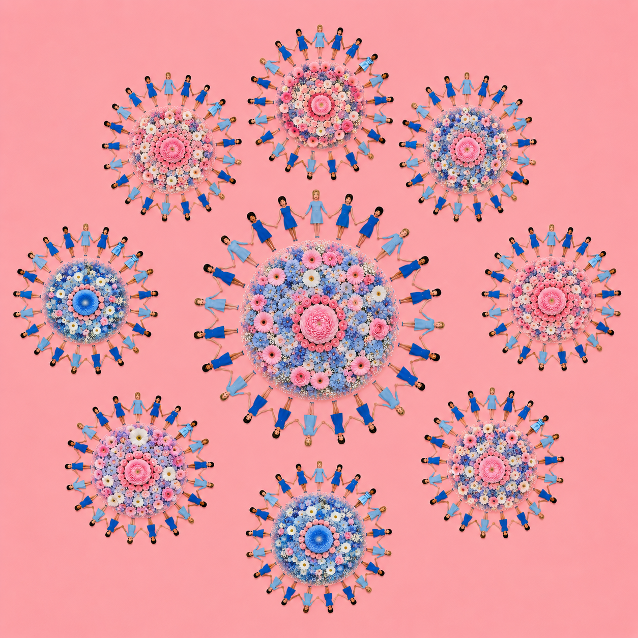 Des rosaces florales concentriques bleues et roses entourées chacune d'une ronde de femmes le tout sur un fond rose.